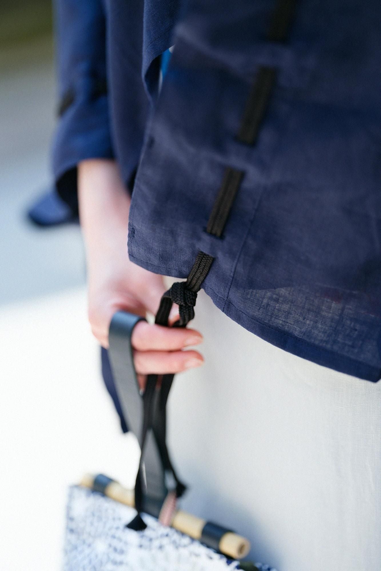 麻 如月披風斗篷袖括／深藍色