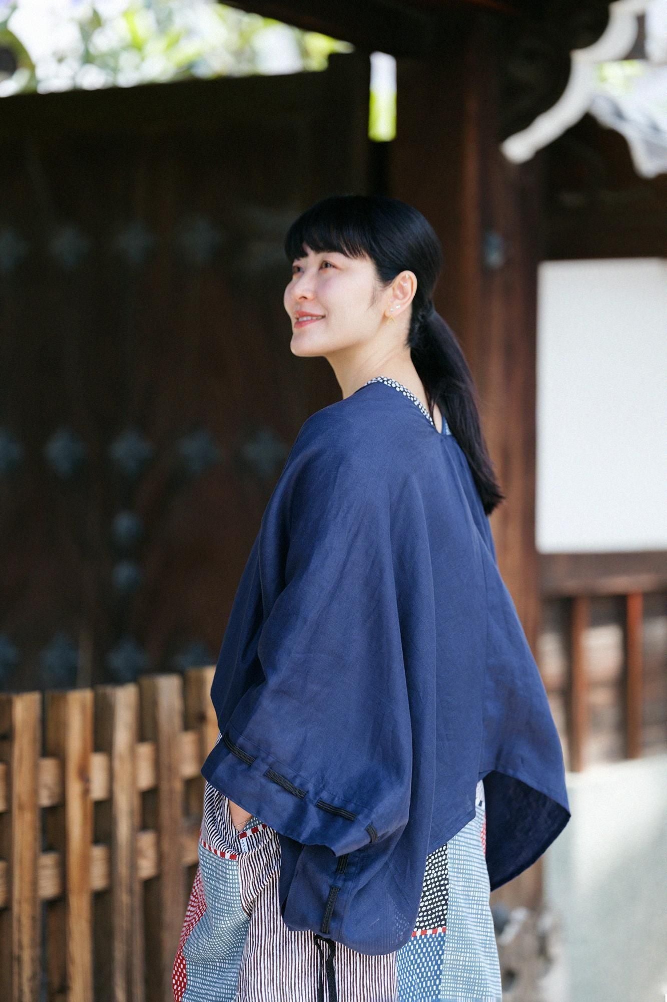 麻 如月披風斗篷袖括／深藍色