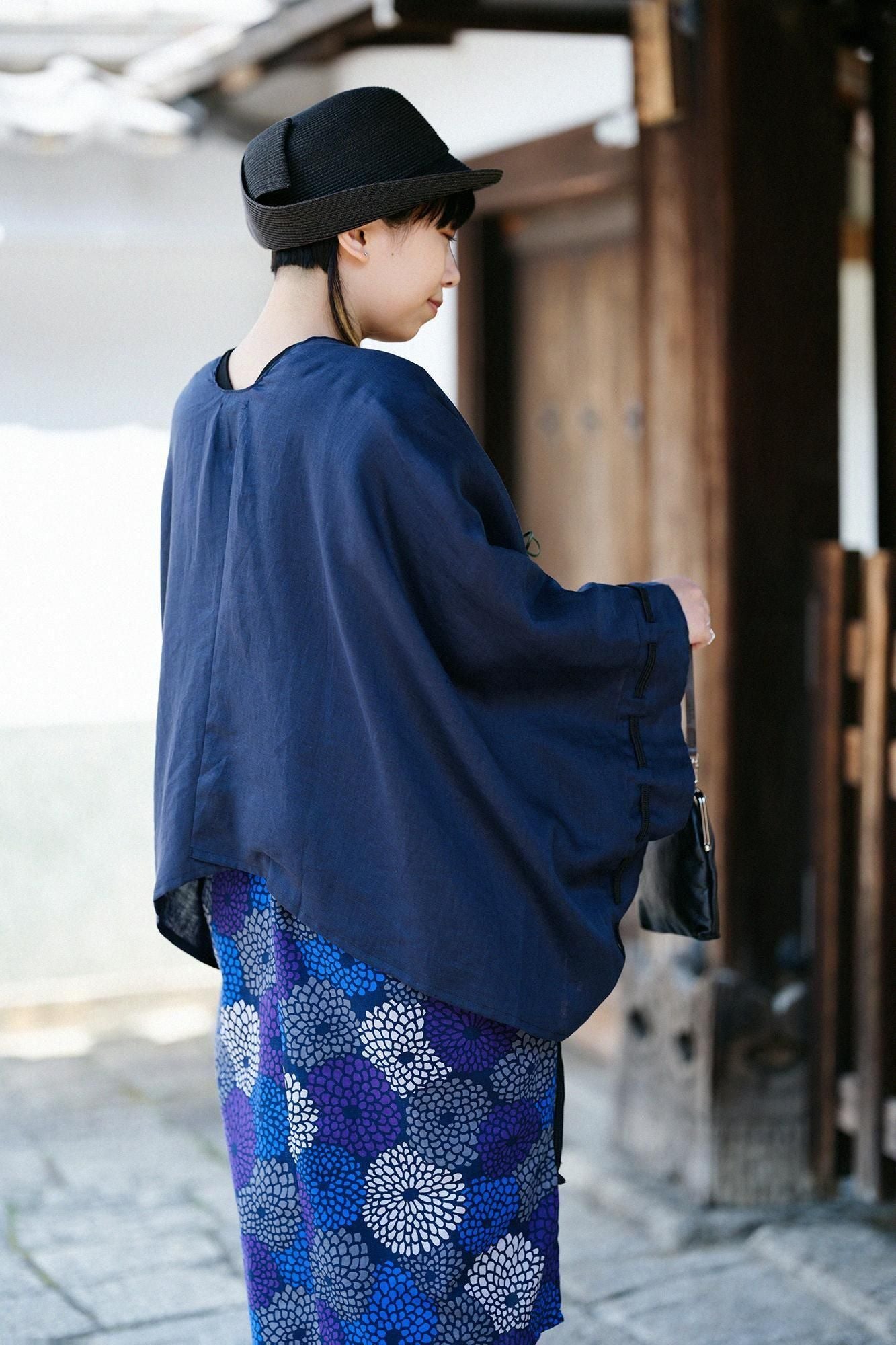 麻 如月披風斗篷袖括／藍黑色