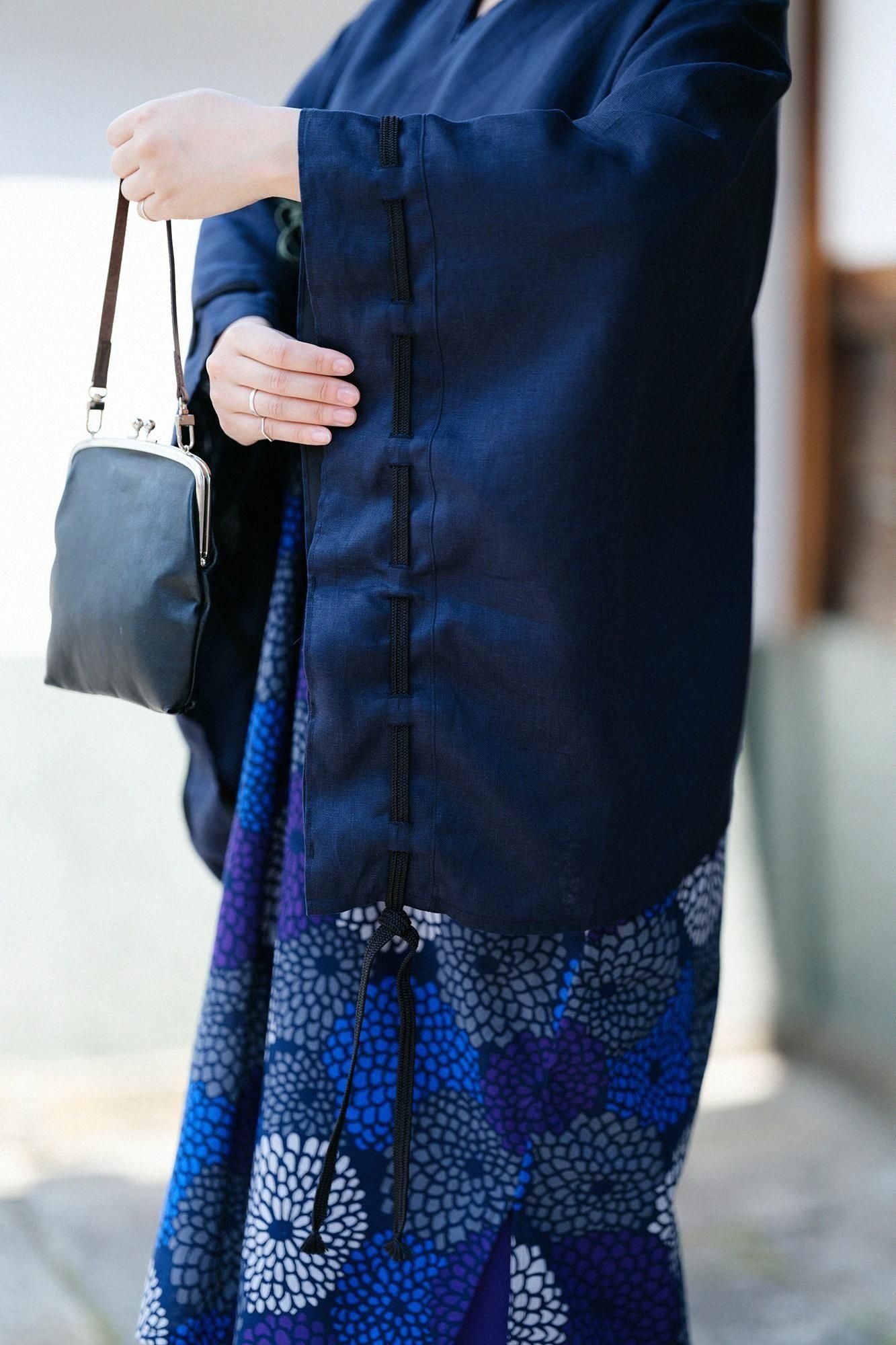 麻 如月披風斗篷袖括／藍黑色