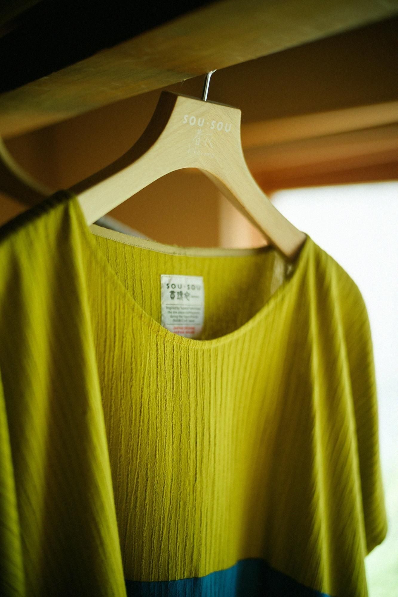 Chizimi Cotton 40/20 Akiha Rectangular Dress Bi-color / Greenish Yellow x Greyish Blue