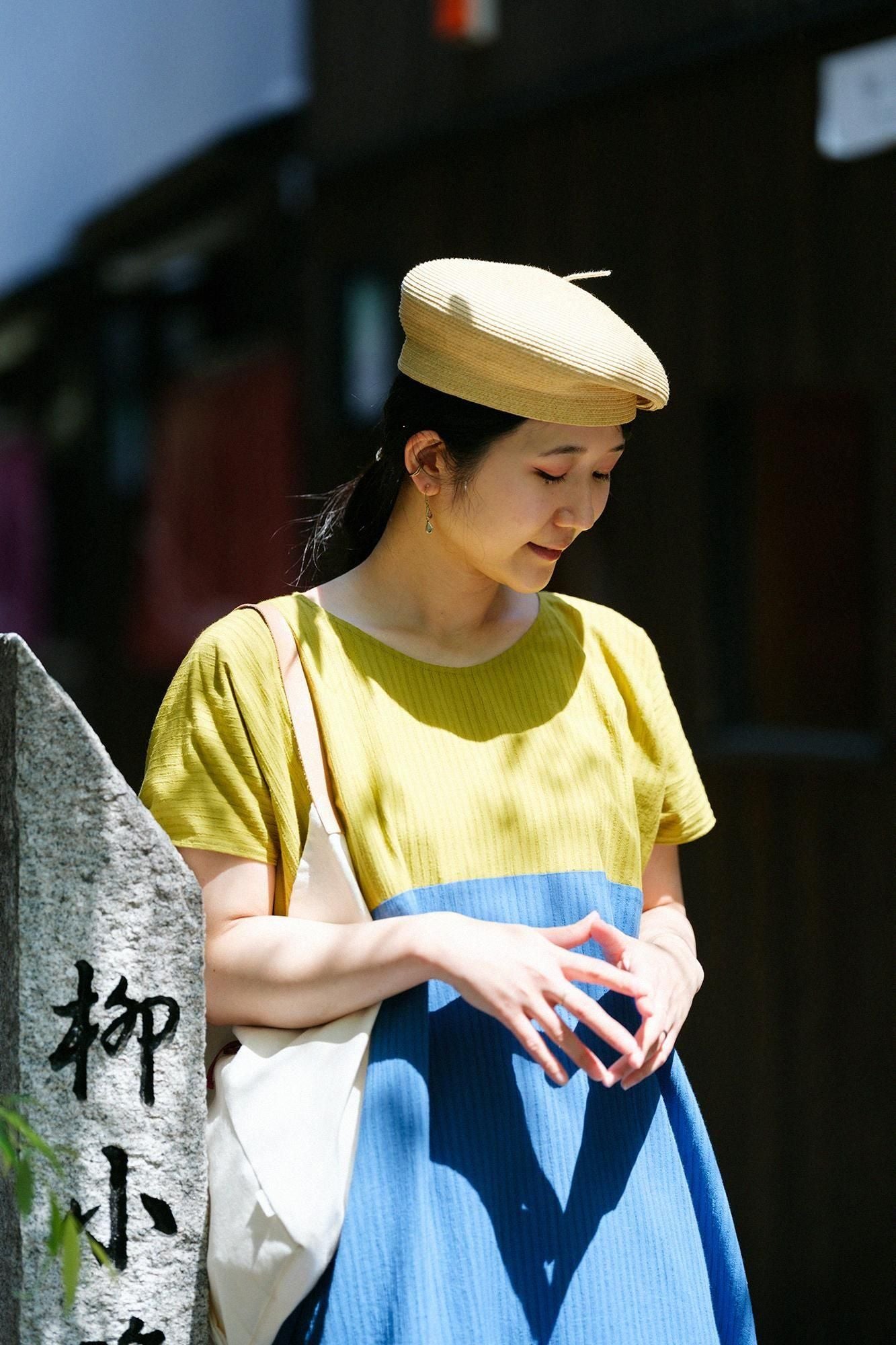 Chizimi Cotton 40/20 Akiha Rectangular Dress Bi-color / Greenish Yellow x Greyish Blue