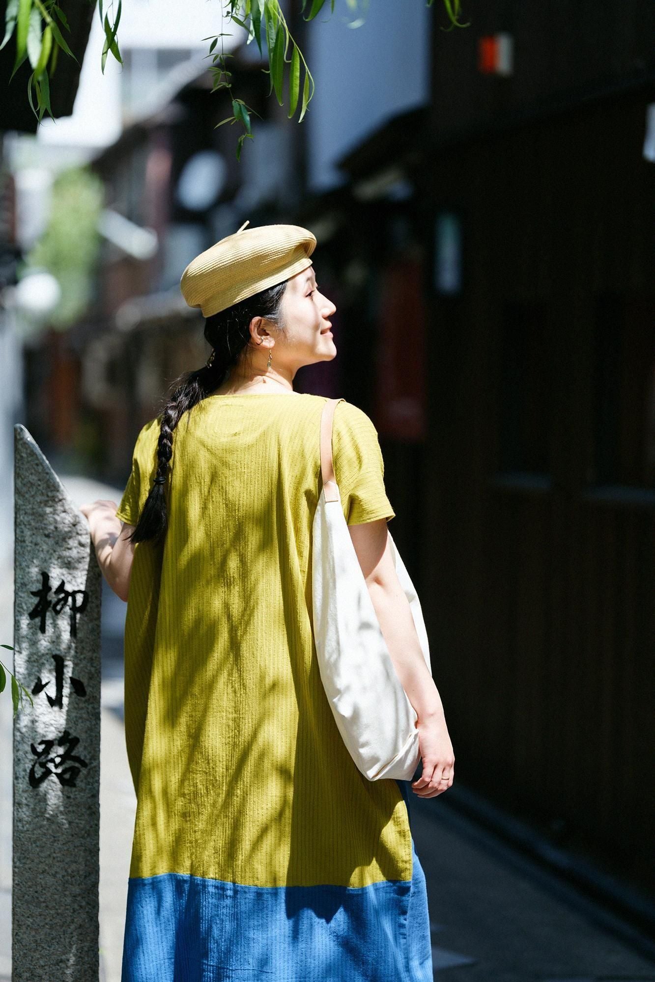 Chizimi Cotton 40/20 Akiha Rectangular Dress Bi-color / Greenish Yellow x Greyish Blue