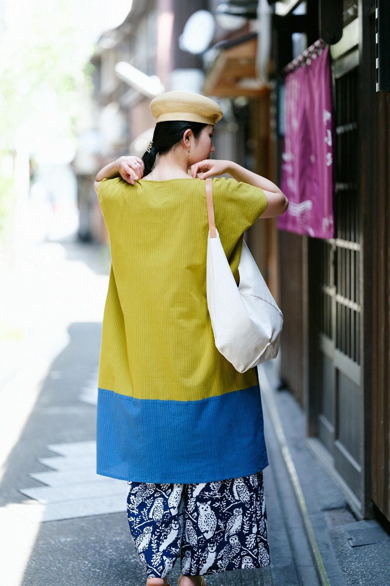 Chizimi Cotton 40/20 Akiha Rectangular Dress Bi-color / Greenish Yellow x Greyish Blue