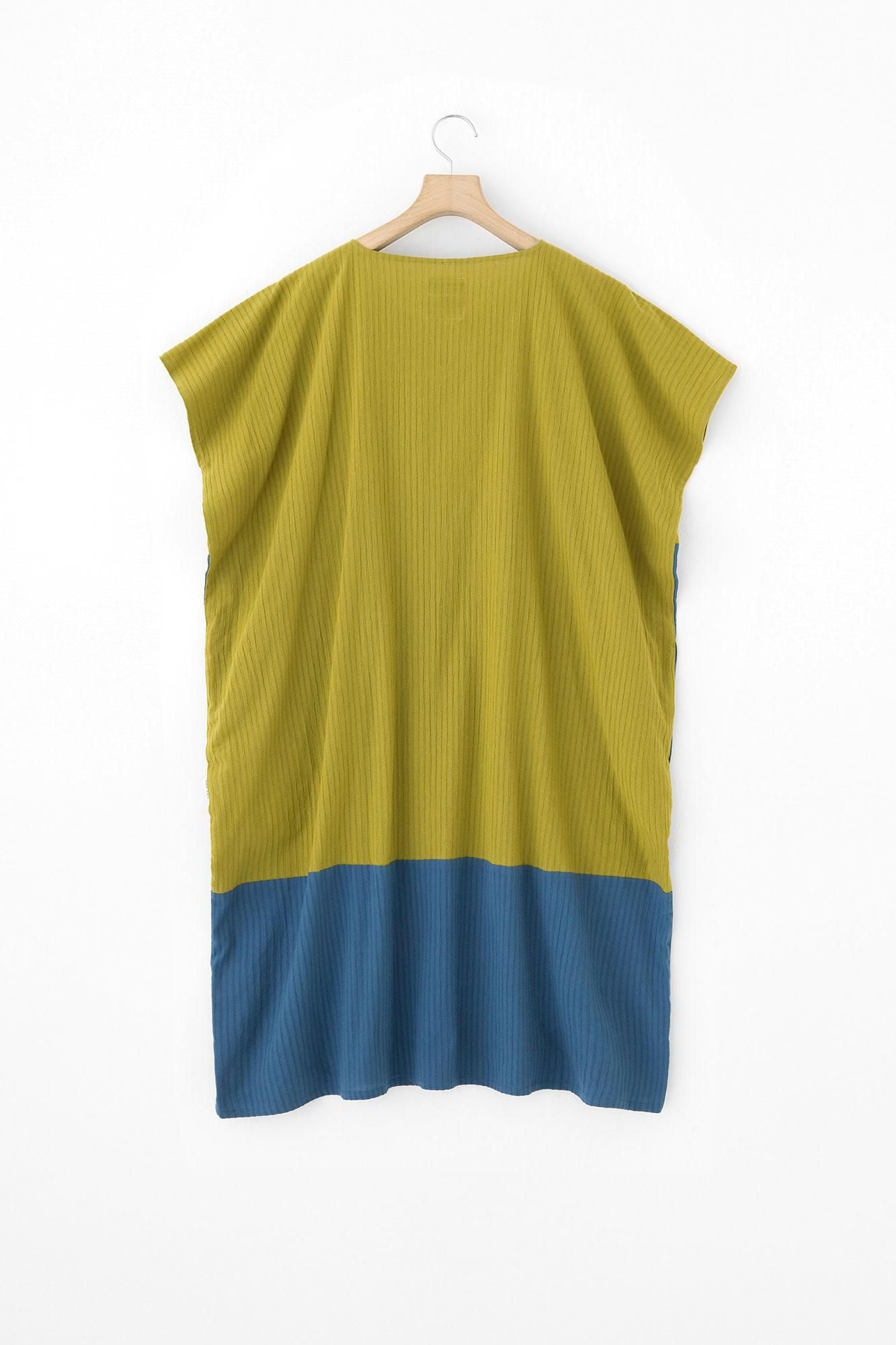Chizimi Cotton 40/20 Akiha Rectangular Dress Bi-color / Greenish Yellow x Greyish Blue