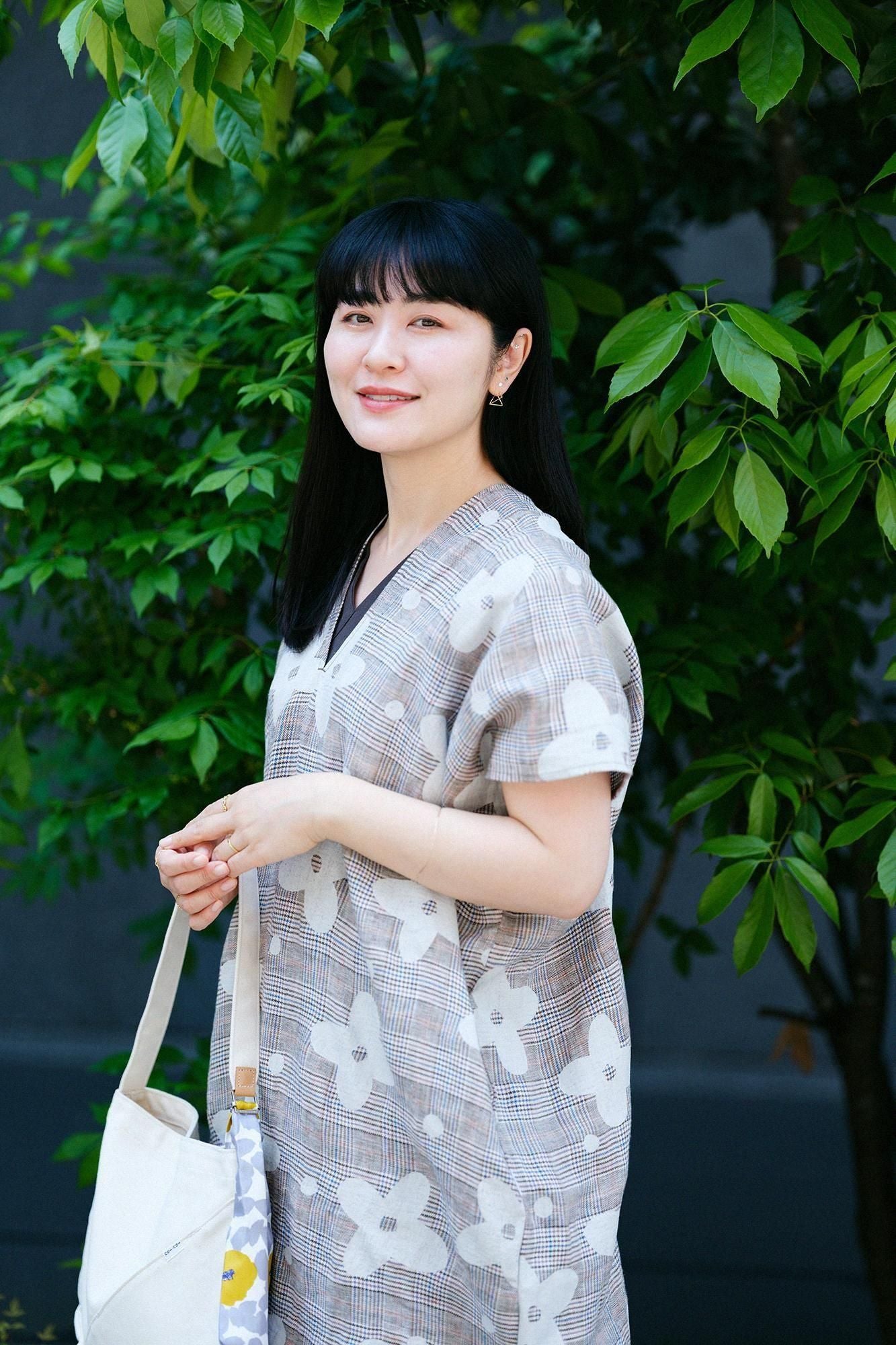 麻 格子織 長方形洋裝拼接／山花風