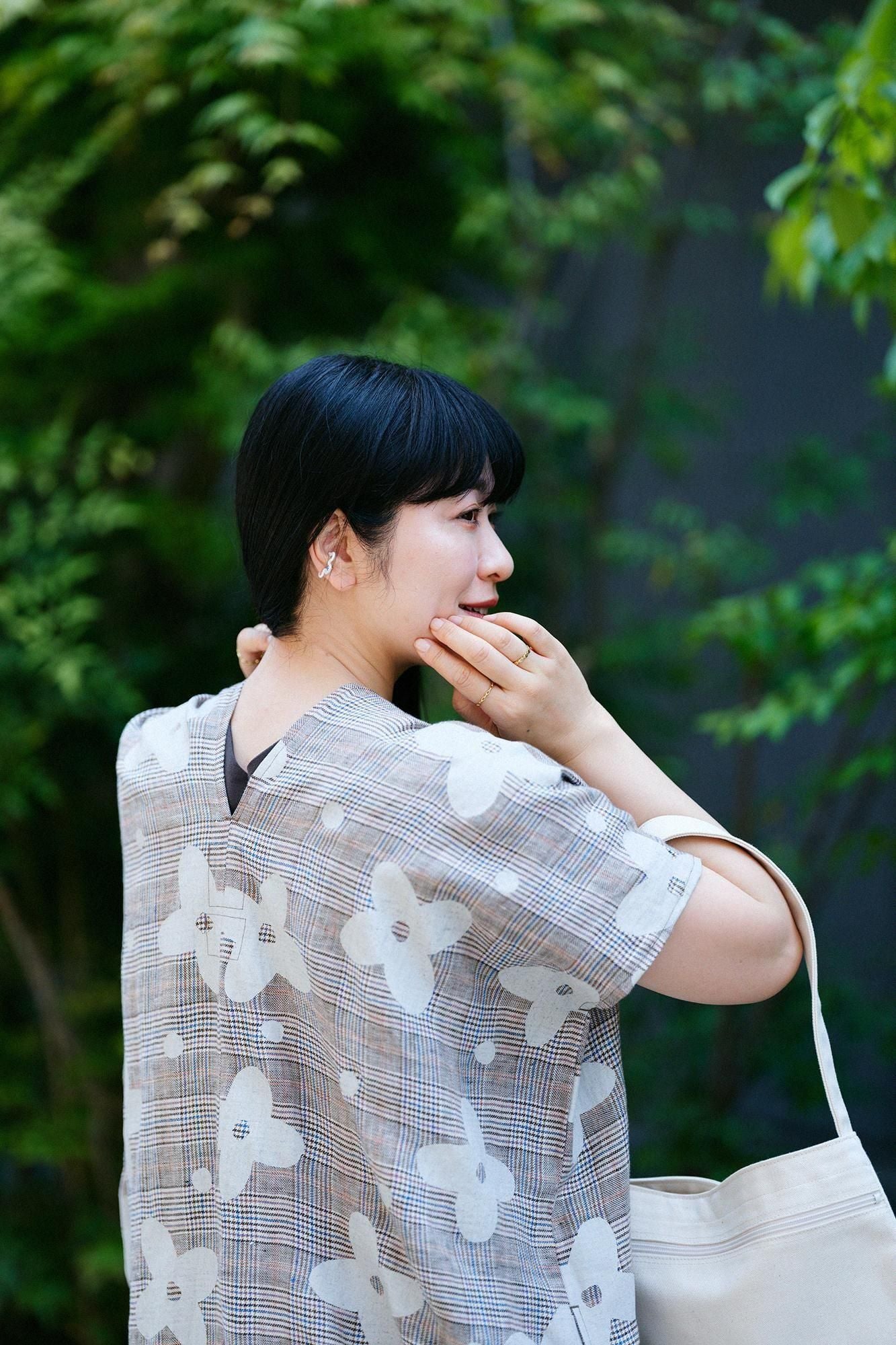 麻 格子織 長方形洋裝拼接／山花風