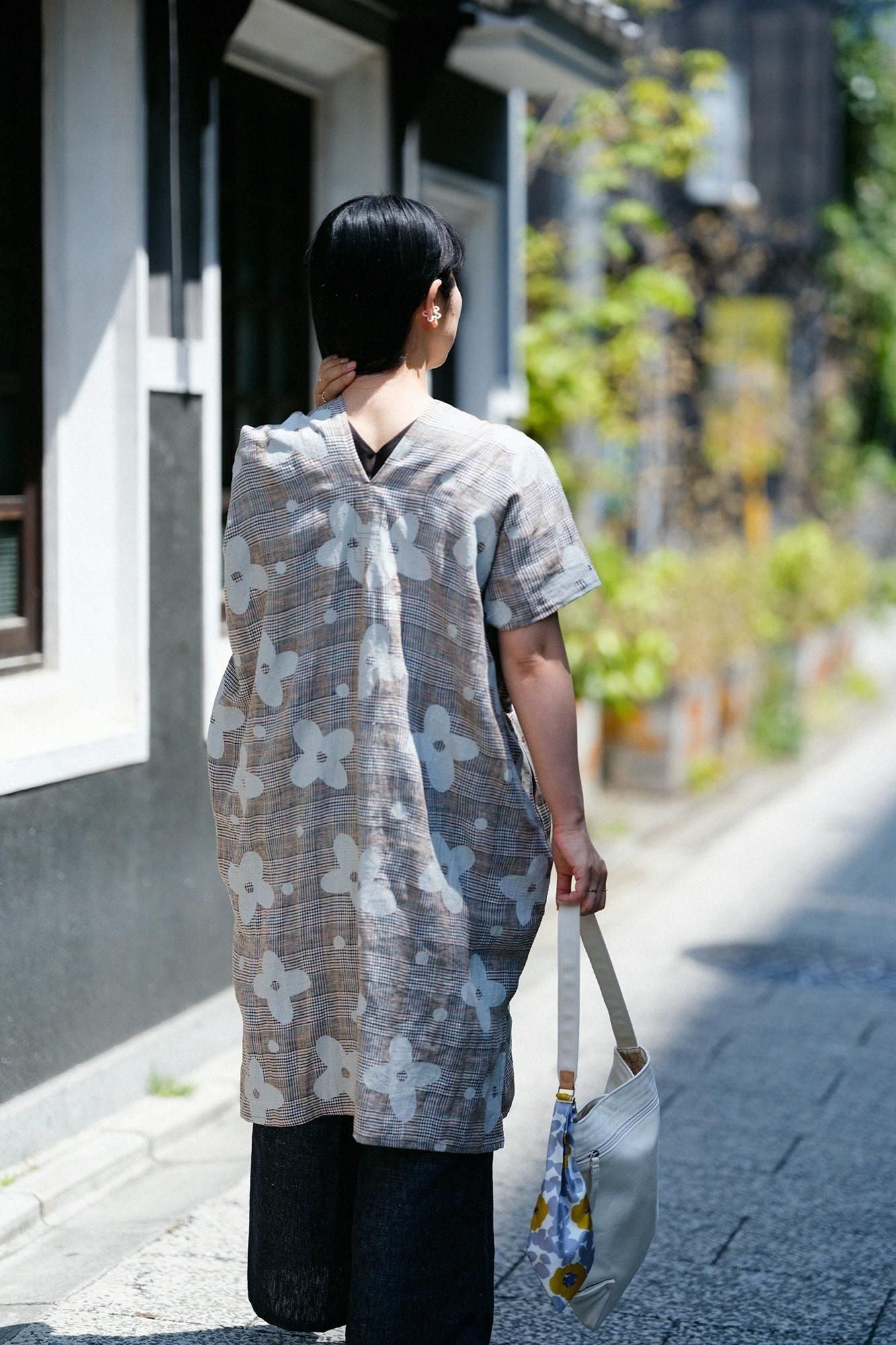 麻 格子織 長方形洋裝拼接／山花風