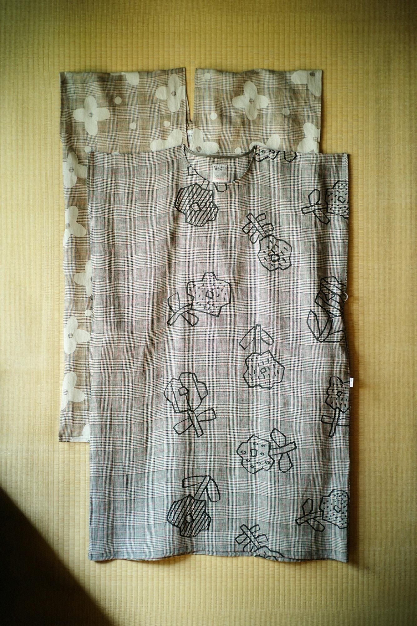 麻 格子織 長方形洋裝拼接／山花風