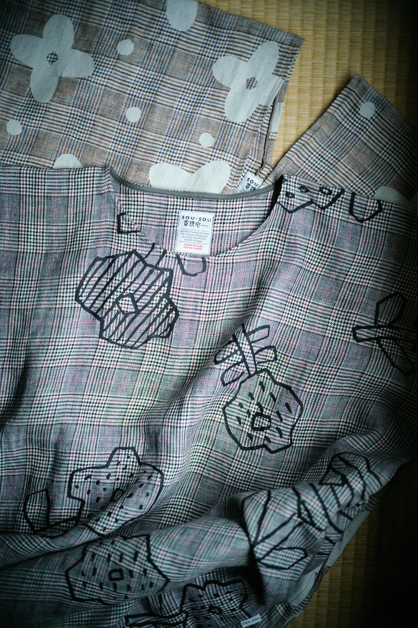 麻 格子織 長方形洋裝拼接／山花風