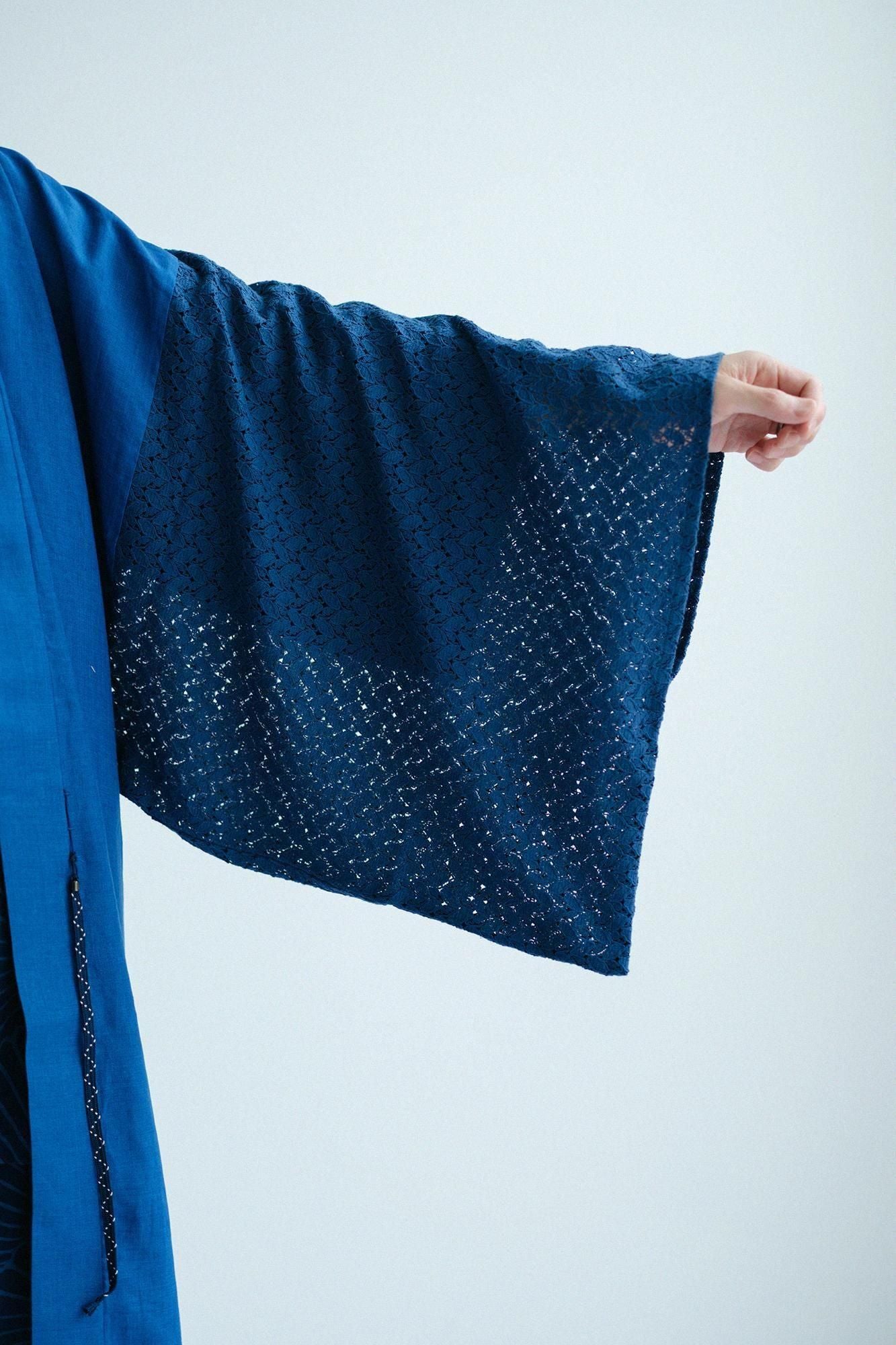 麻×透かし刺繍 角袖袢纏（かくそではんてん） 単（ひとえ）／薄縹（うす