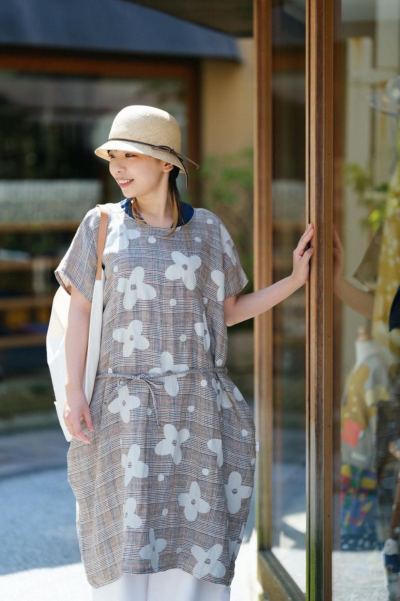 麻 格子織 長方形洋裝／山花風和留白