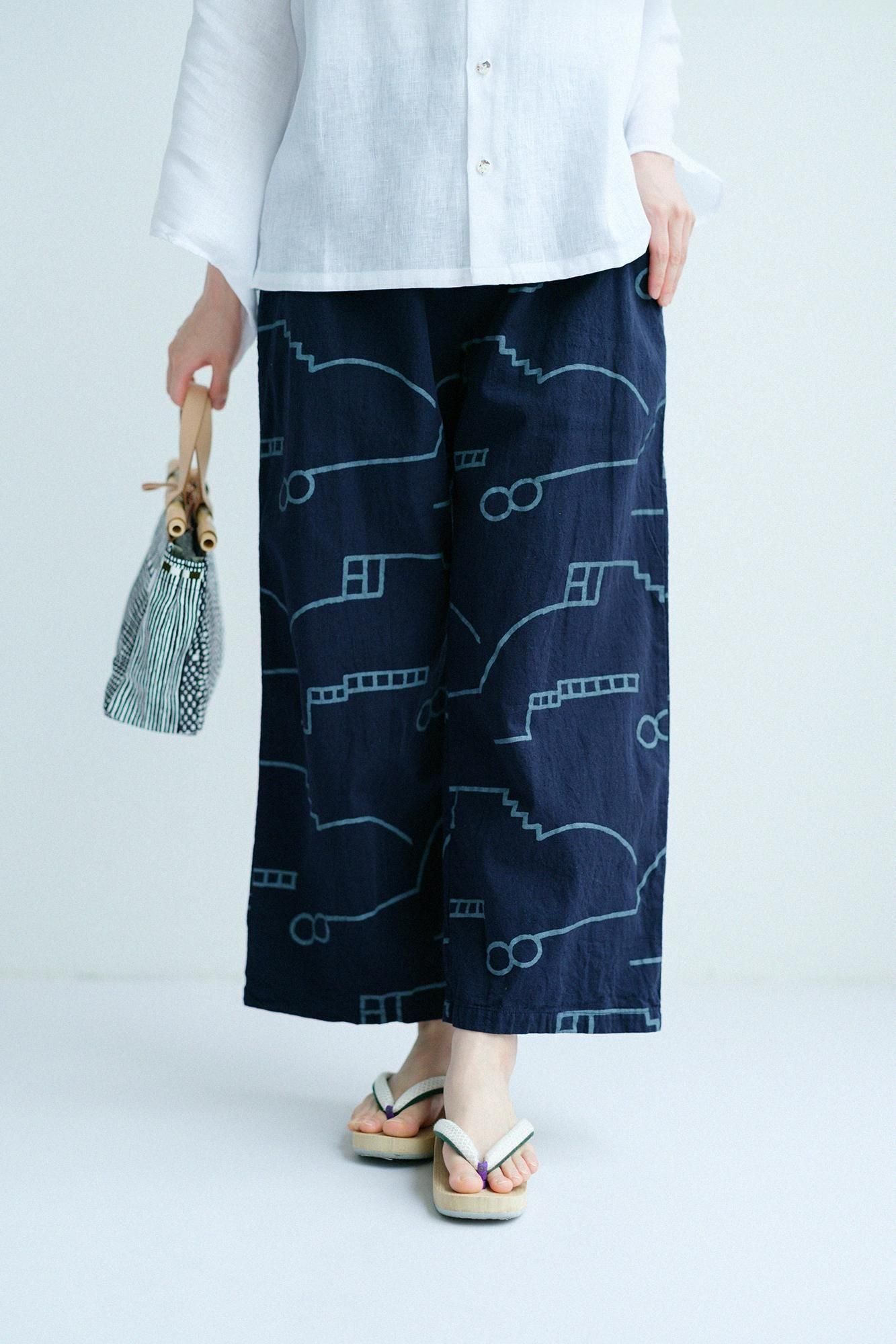 伊勢木棉20/20 麻混紡 和服帶長褲/灰炭色x茶利