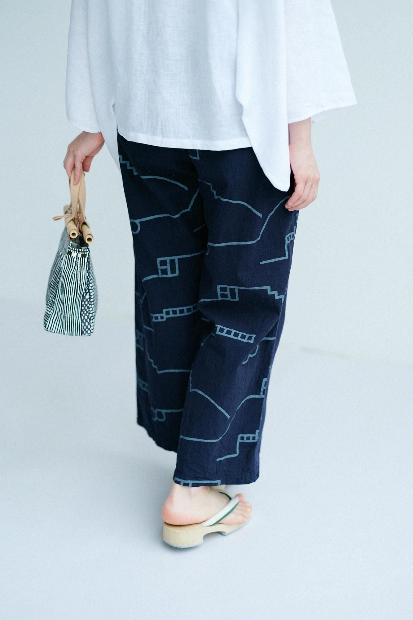 伊勢木棉20/20 麻混紡 和服帶長褲/灰炭色x茶利