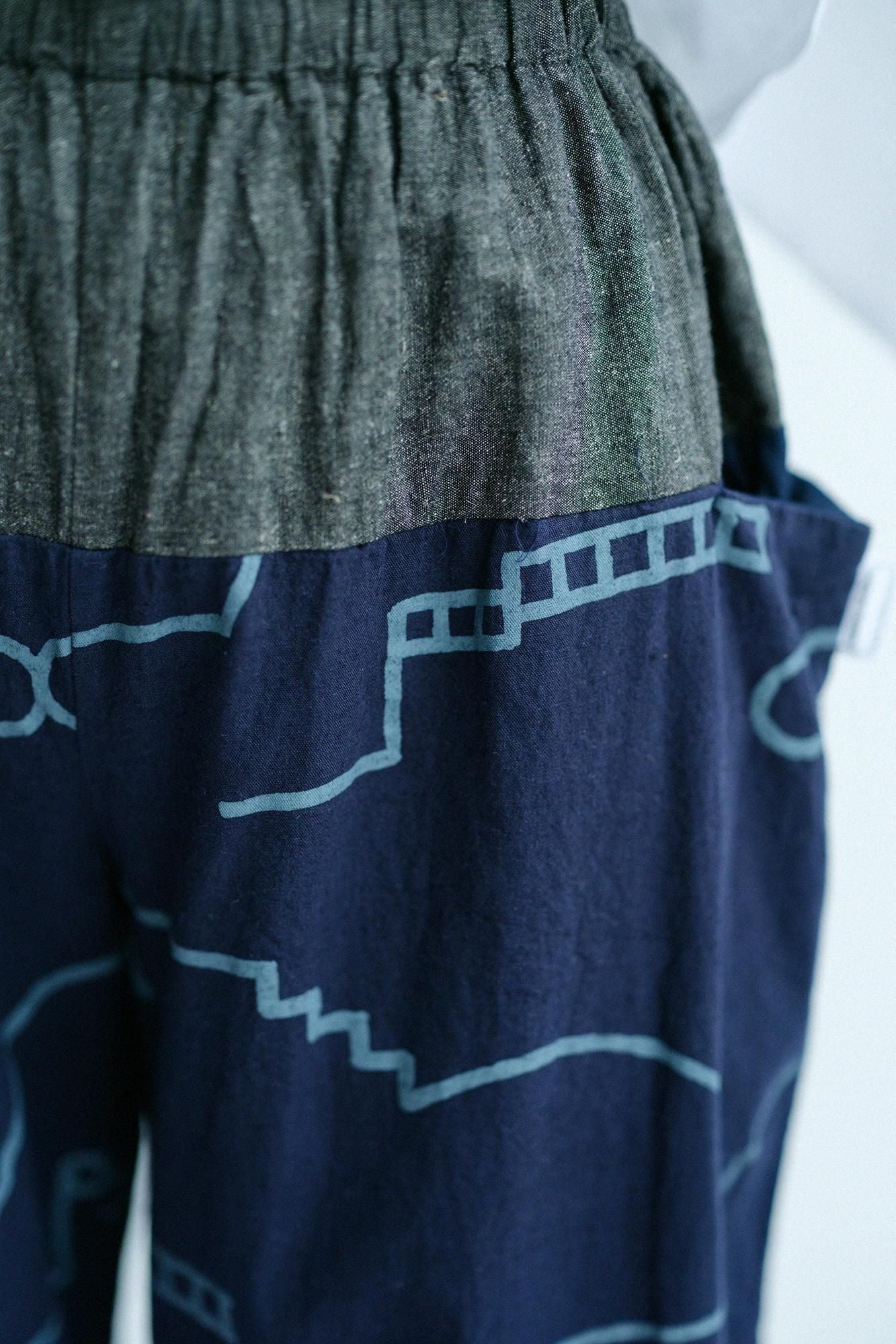 伊勢木棉20/20 麻混紡 和服帶長褲/灰炭色x茶利