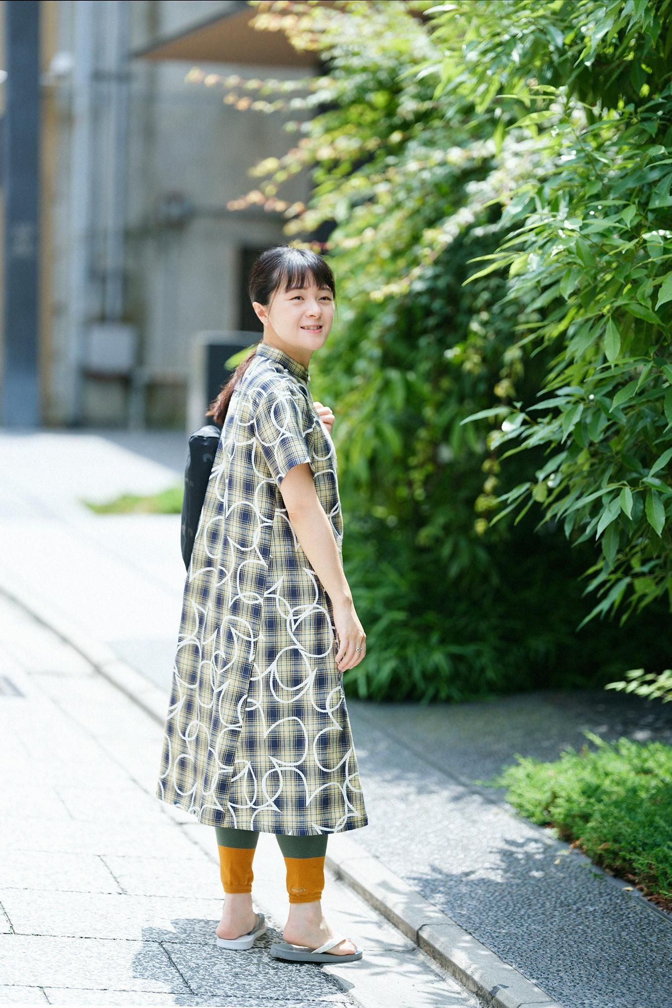 亞麻格子BIKE 連身裙/四葉草