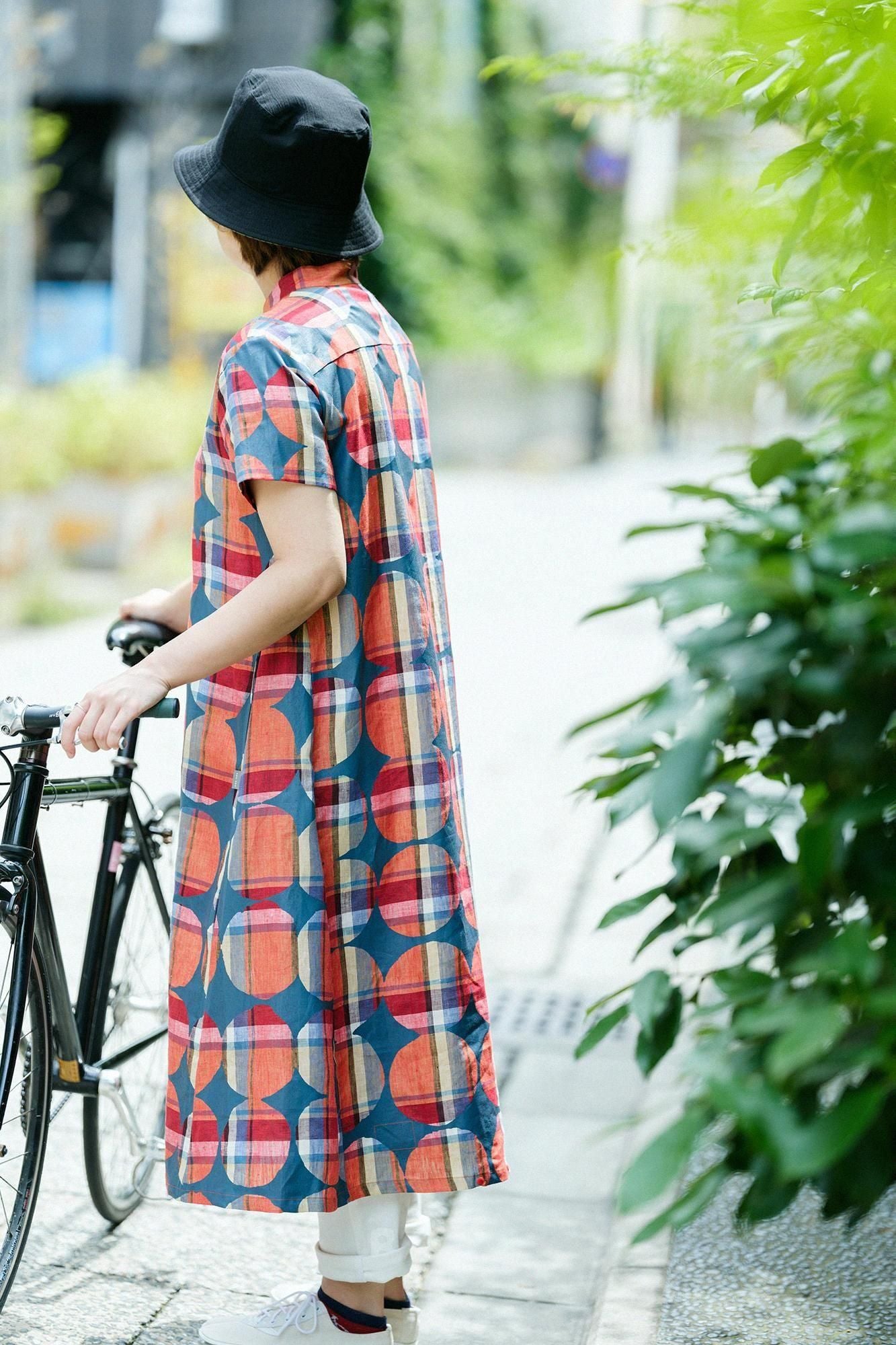 亞麻格子BIKE 連身裙/彈珠