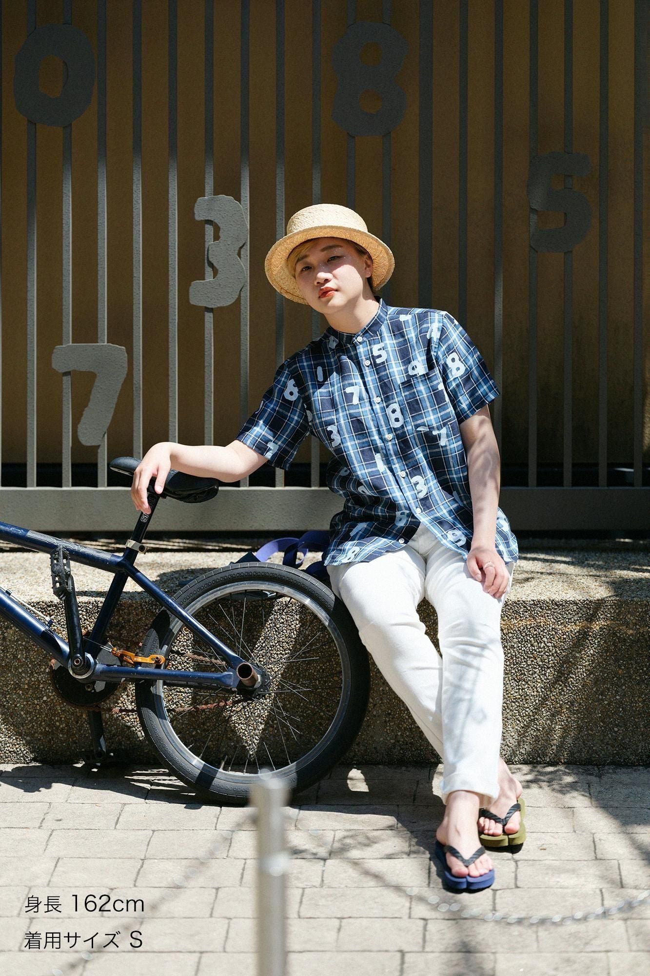 Linen Check Short Sleeve Shirt / SO-SU-U Navy x Sky Blue