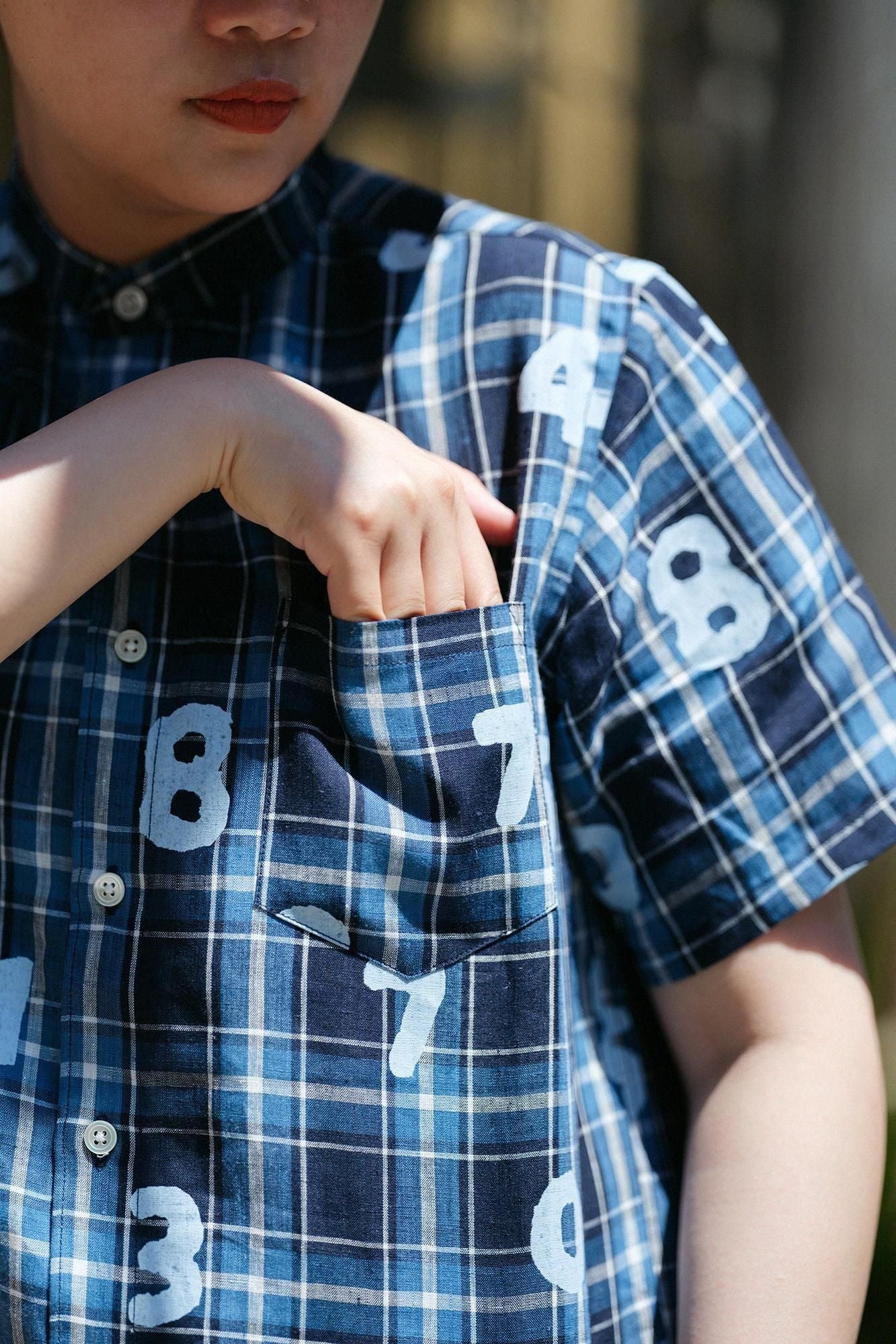 Linen Check Short Sleeve Shirt / SO-SU-U Navy x Sky Blue