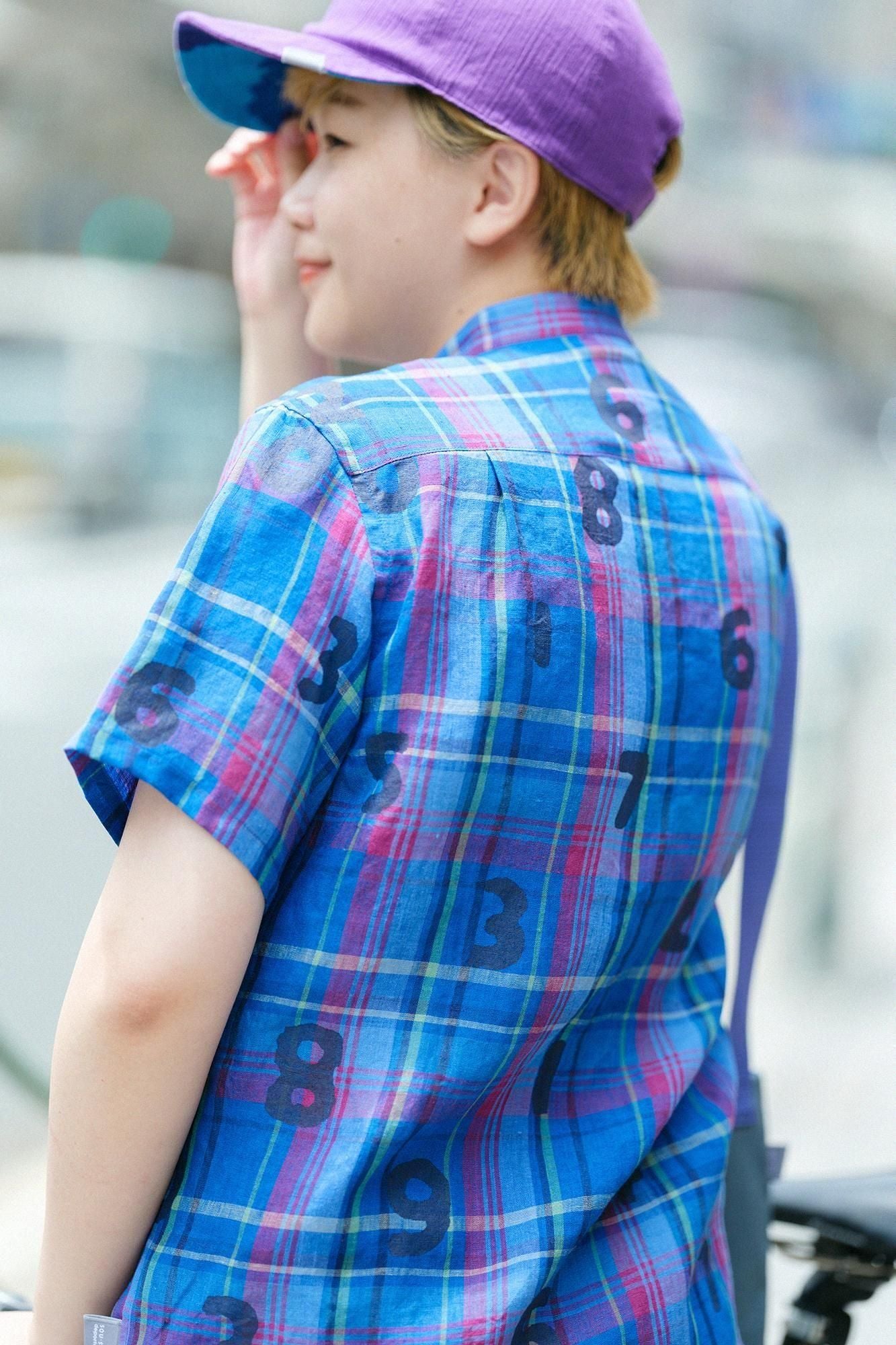 [仅在线]亚麻检查短袖衬衫/so-su-u蓝色X红色