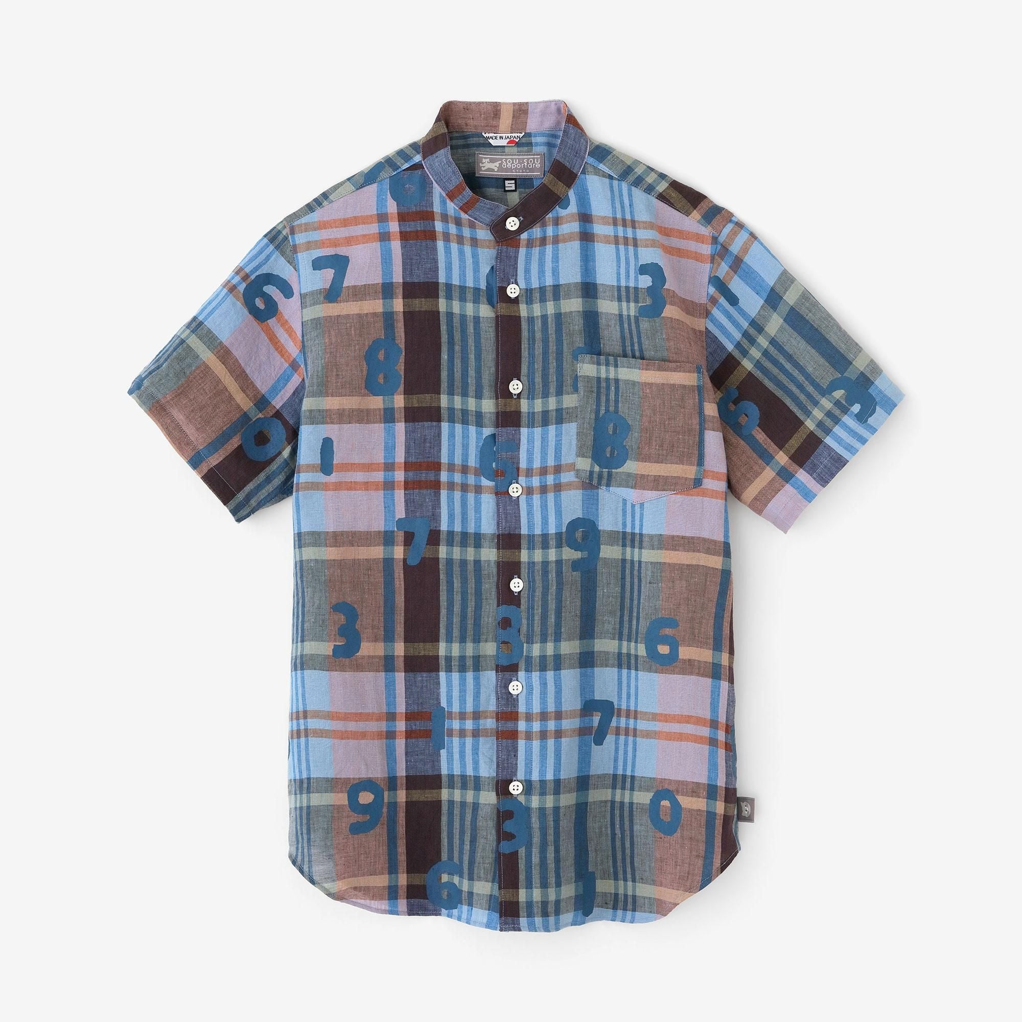 Linen Check Short Sleeve Shirt / SO-SU-U Steel Blue x Brown