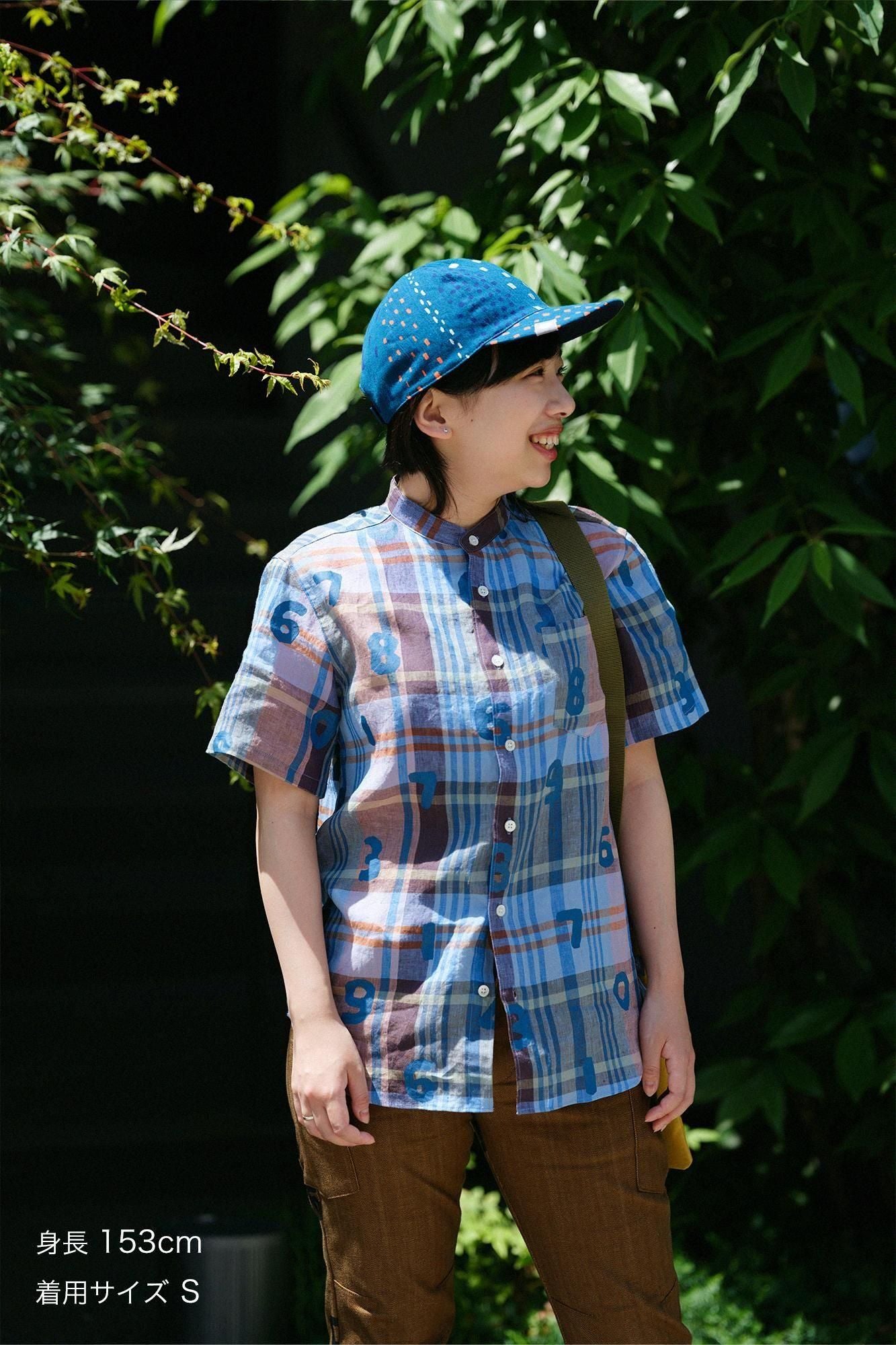 [仅在线]亚麻检查短袖衬衫/so-su-u钢蓝色X棕色