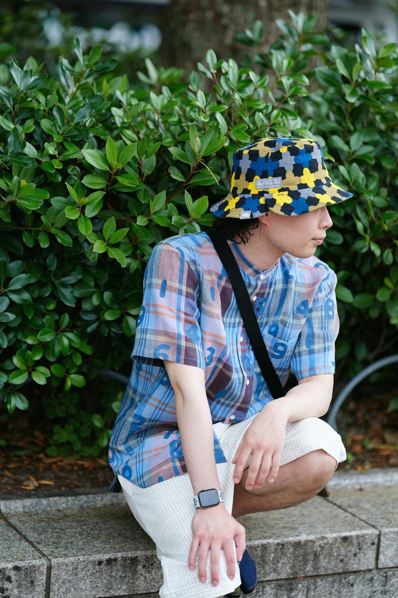 仅在线]亚麻检查短袖衬衫/so-su-u钢蓝色X棕色