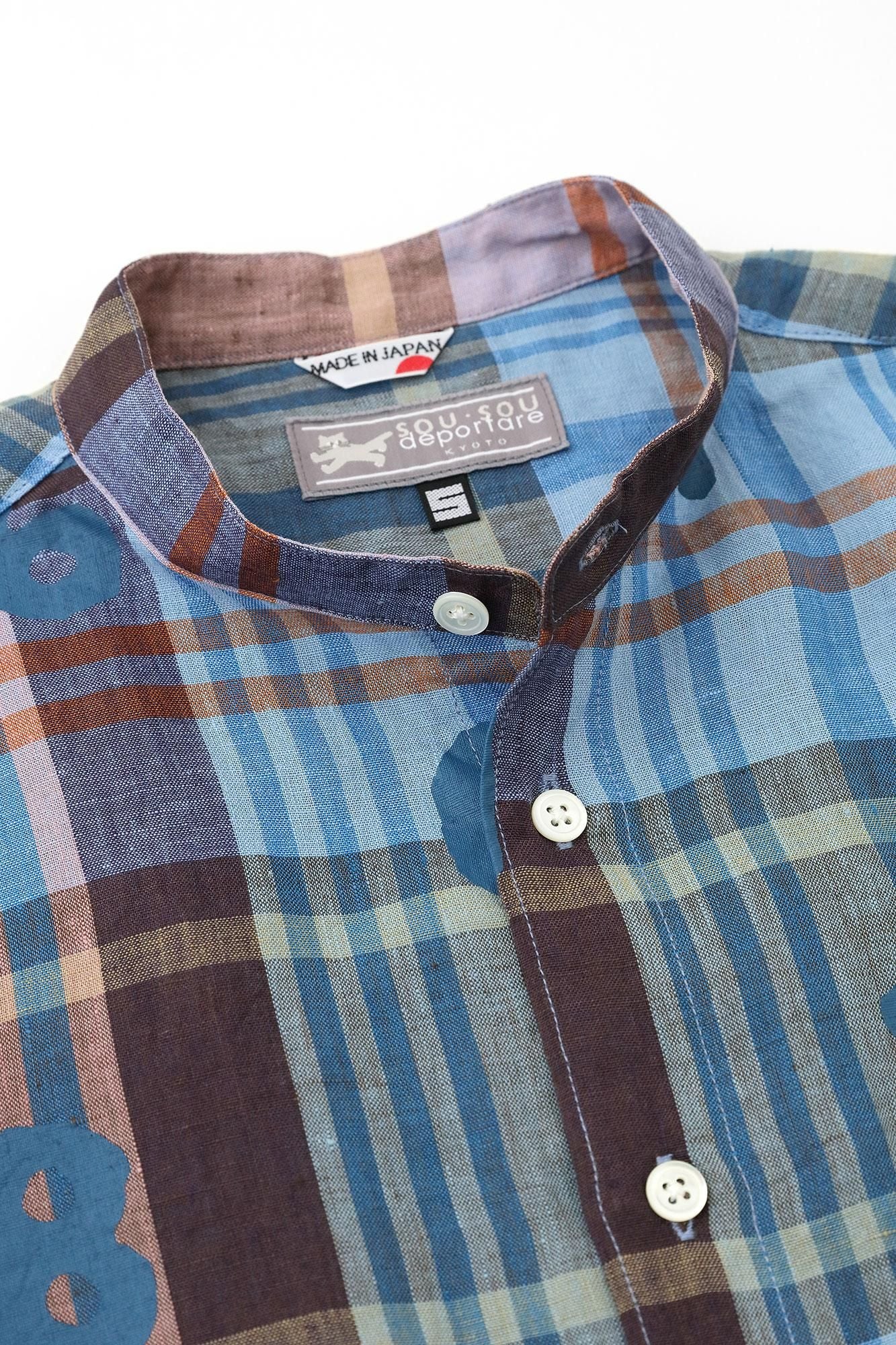 [仅在线]亚麻检查短袖衬衫/so-su-u钢蓝色X棕色