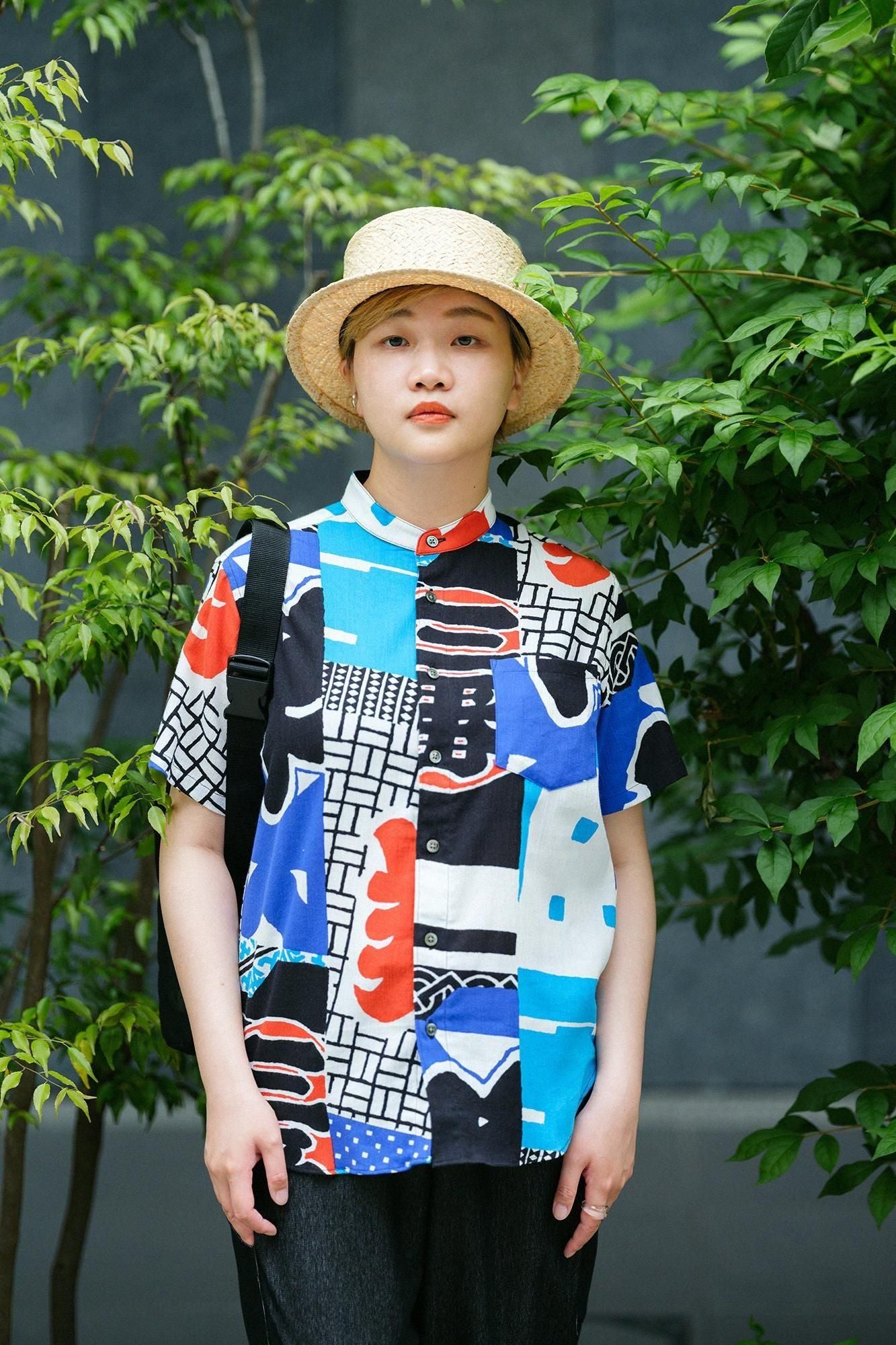 Chizimi Cotton 20/20 Stand Collar Short Sleeve Shirt / Hanten