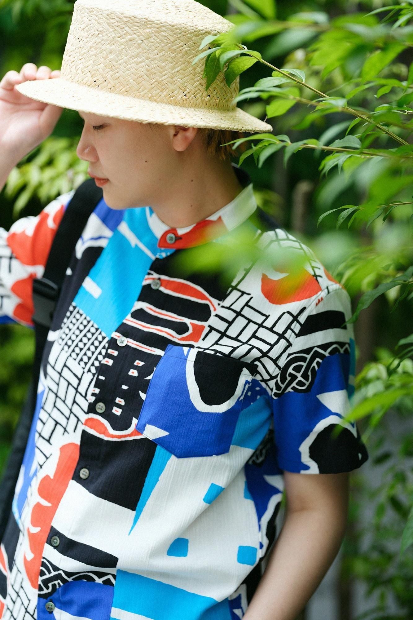 Chizimi Cotton 20/20 Stand Collar Short Sleeve Shirt / Hanten