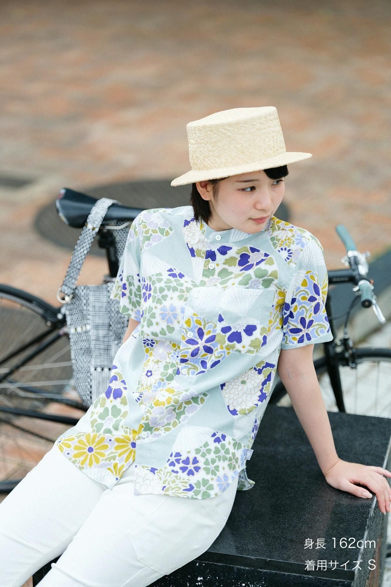 net限定】高島縮 20/20 スタンドカラー半袖シャツ／扇（おうぎ） 千草