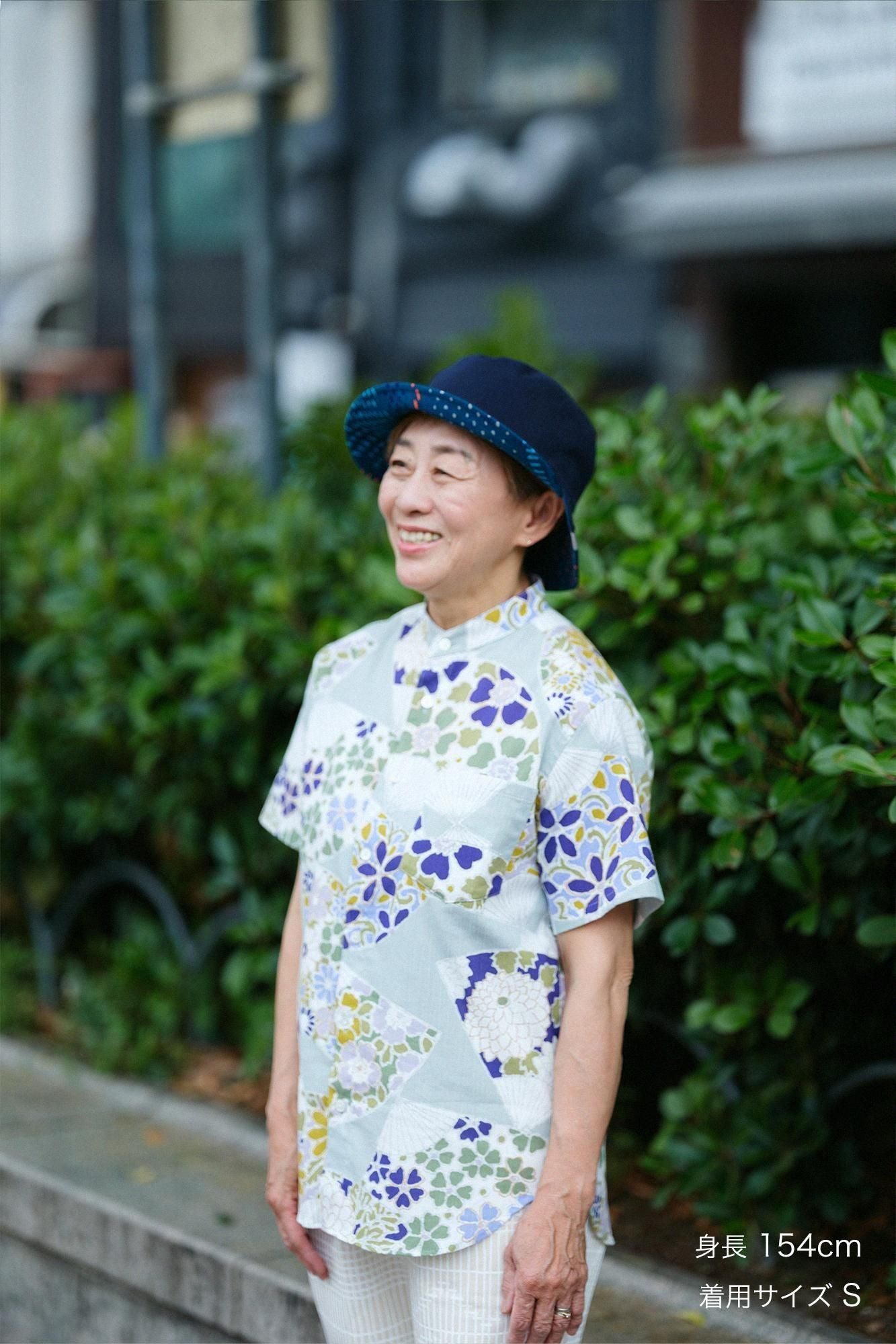 net限定】高島縮 20/20 スタンドカラー半袖シャツ／扇（おうぎ） 千草