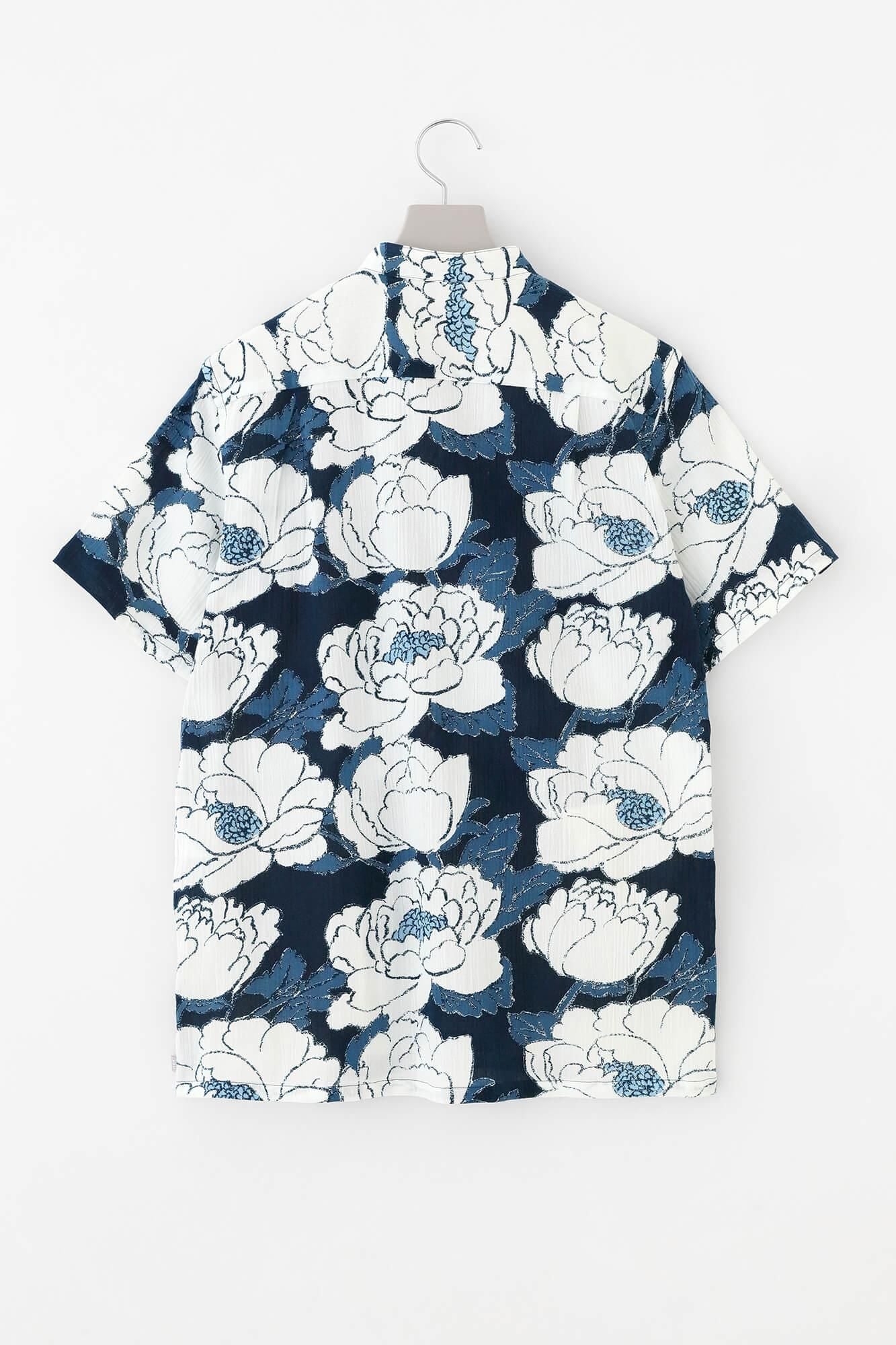 高島縮棉 20/20藍捺染立領短袖襯衫SP／牡丹華