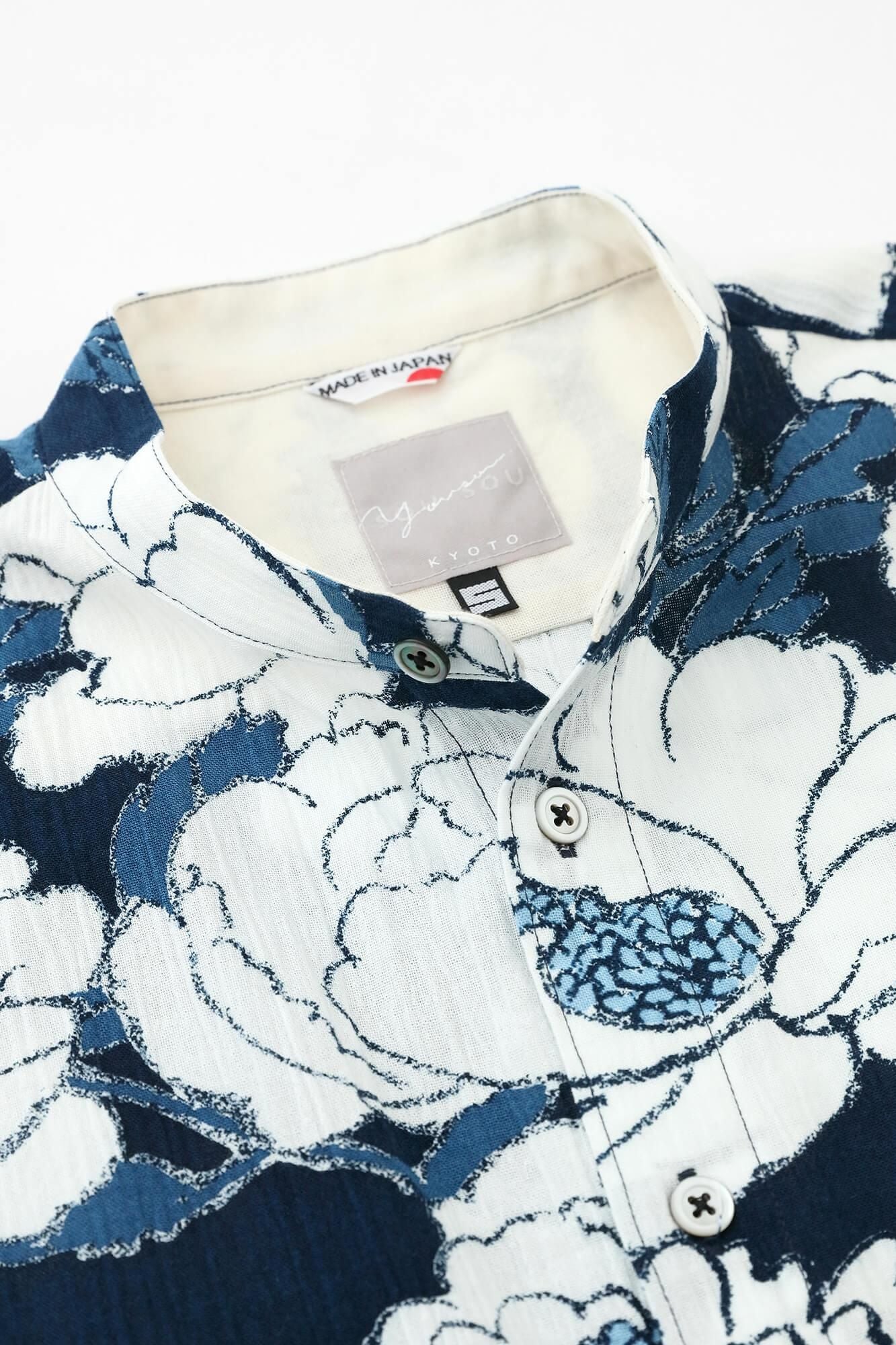 高島縮棉 20/20藍捺染立領短袖襯衫SP／牡丹華