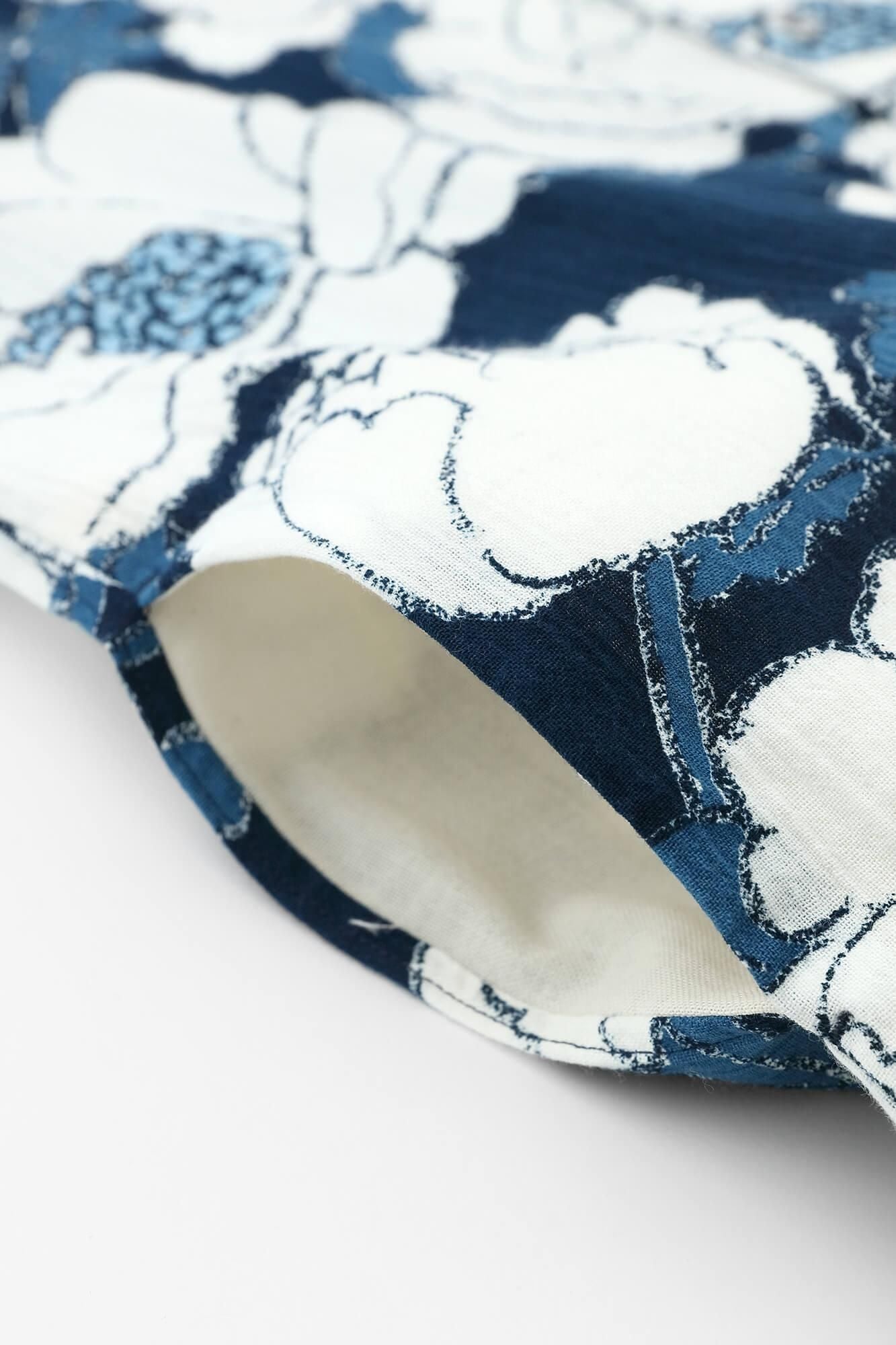 高島縮棉 20/20藍捺染立領短袖襯衫SP／牡丹華