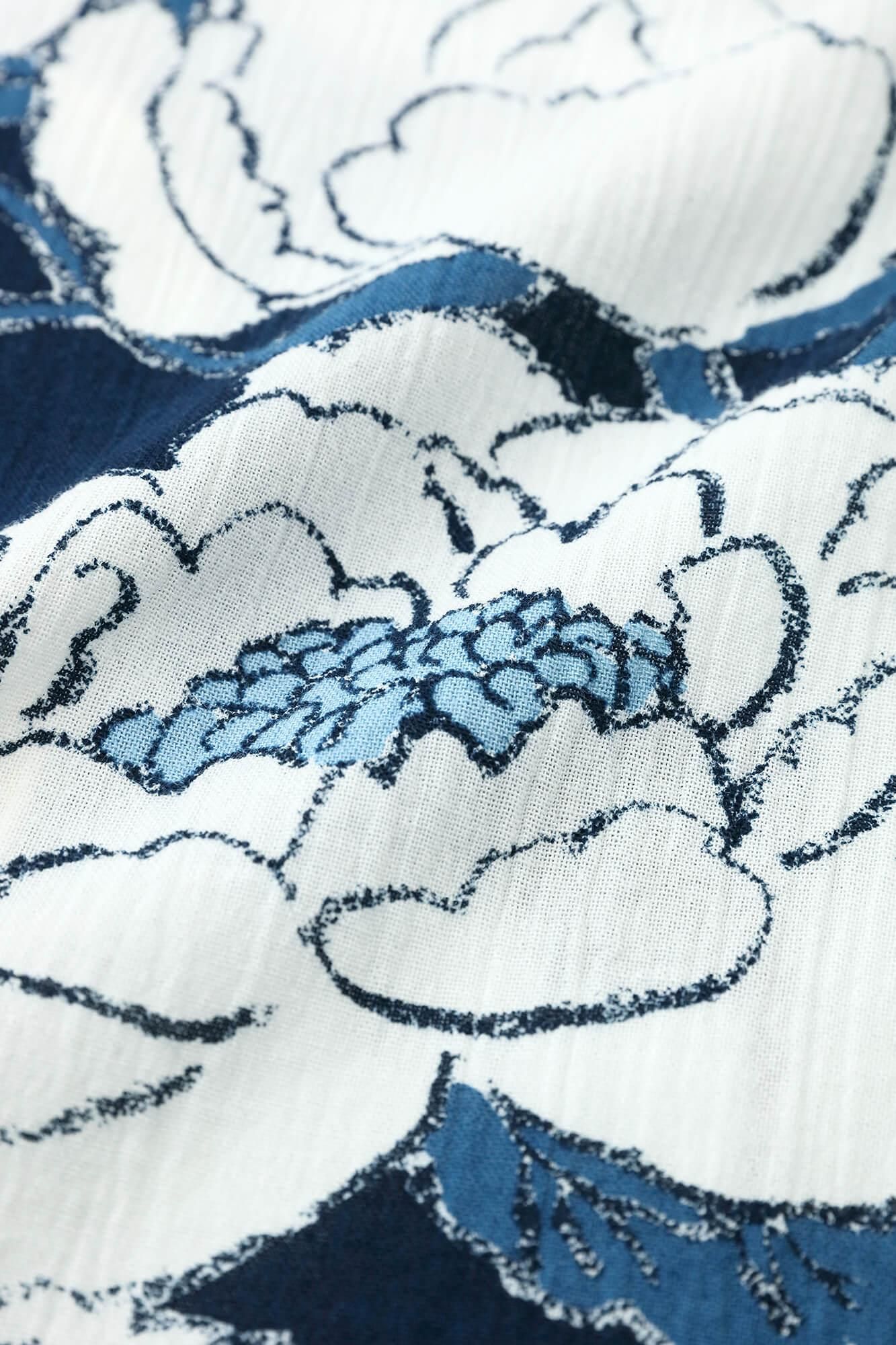 高島縮棉 20/20藍捺染立領短袖襯衫SP／牡丹華