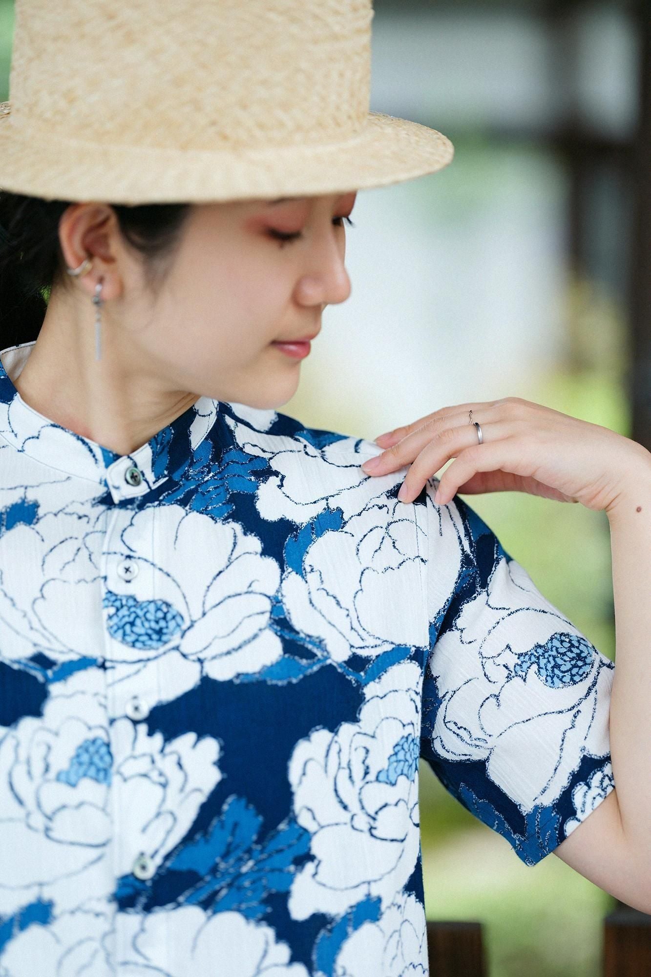 net限定】高島縮 20/20 藍捺染（あいなせん） スタンドカラー