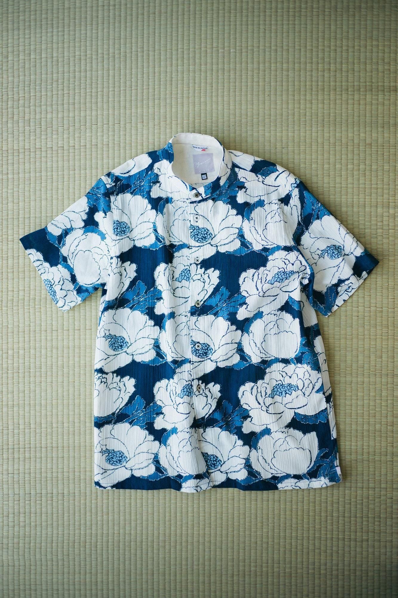 高島縮棉 20/20藍捺染立領短袖襯衫SP／牡丹華