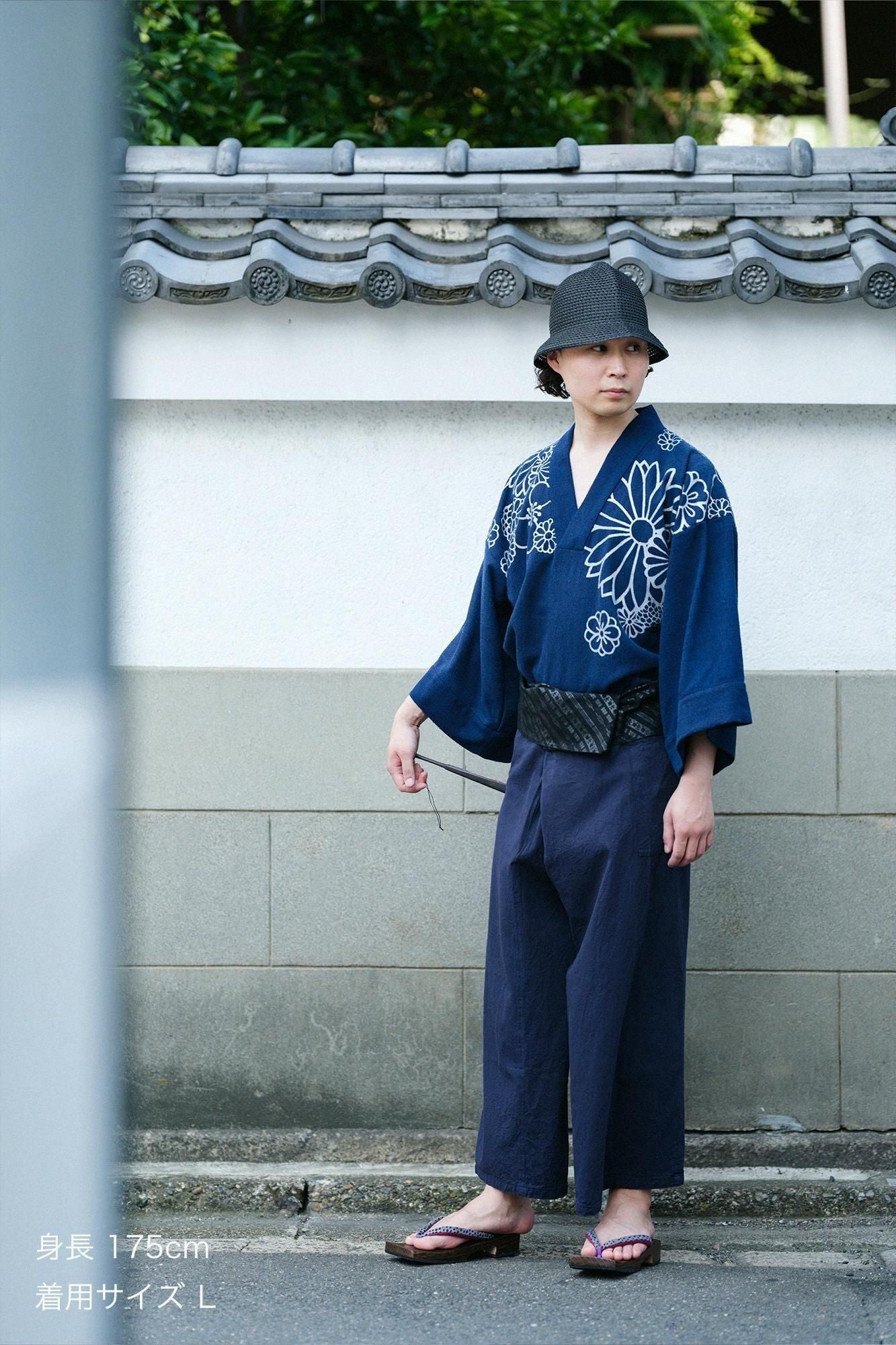 棉絲斜紋織 風靡襯衣 領口圖案／金襴緞子 靛藍染