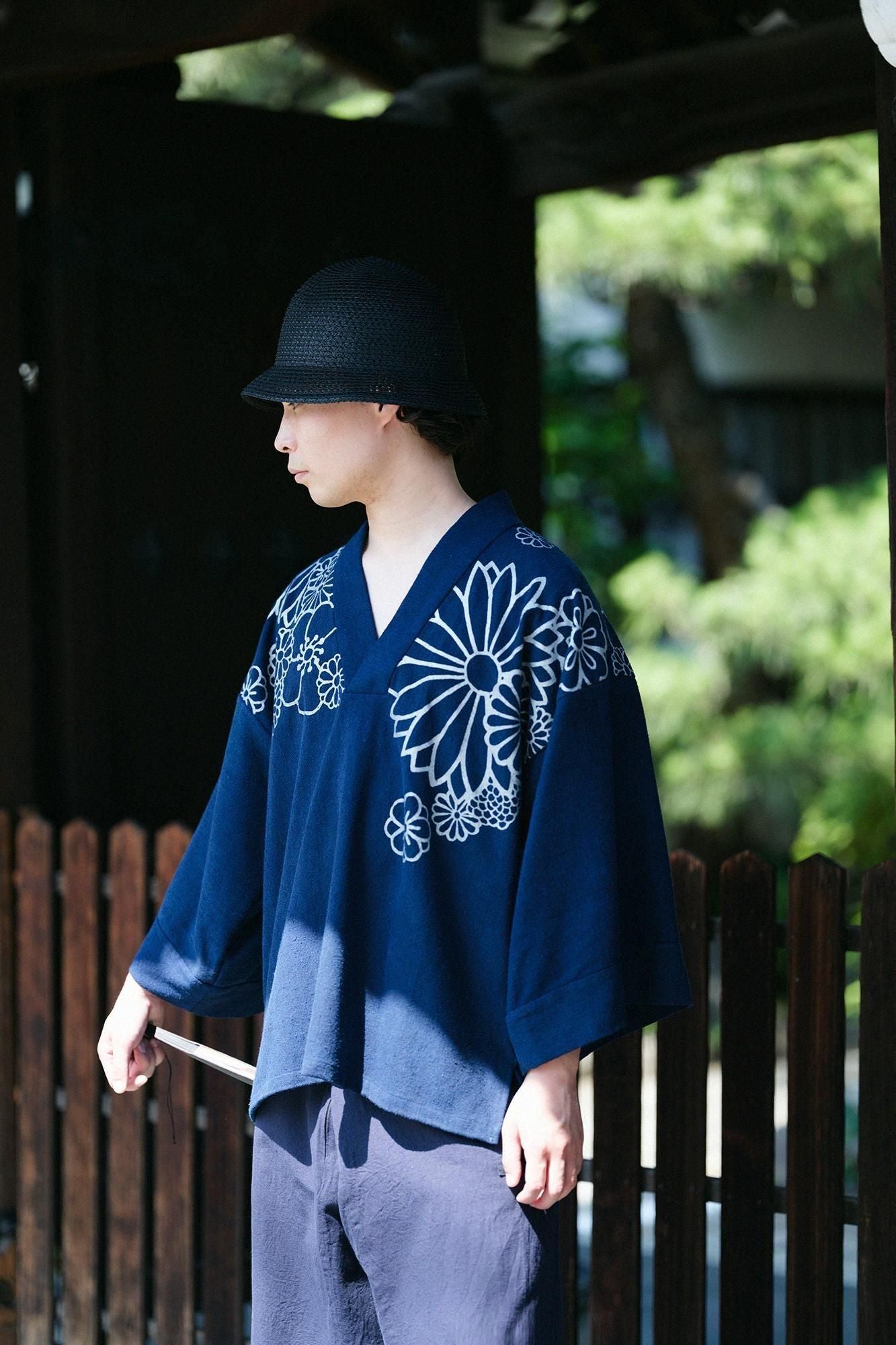 棉絲斜紋織 風靡襯衣 領口圖案／金襴緞子 靛藍染