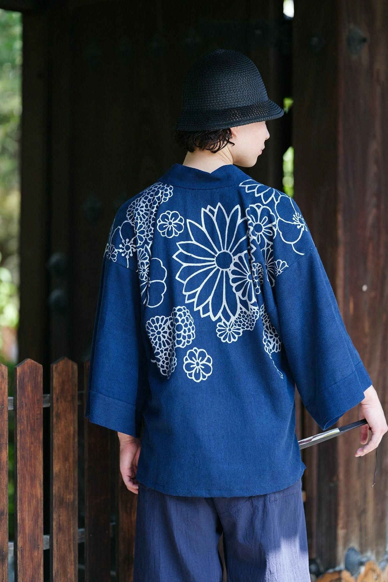 棉絲斜紋織 風靡襯衣 領口圖案／金襴緞子 靛藍染