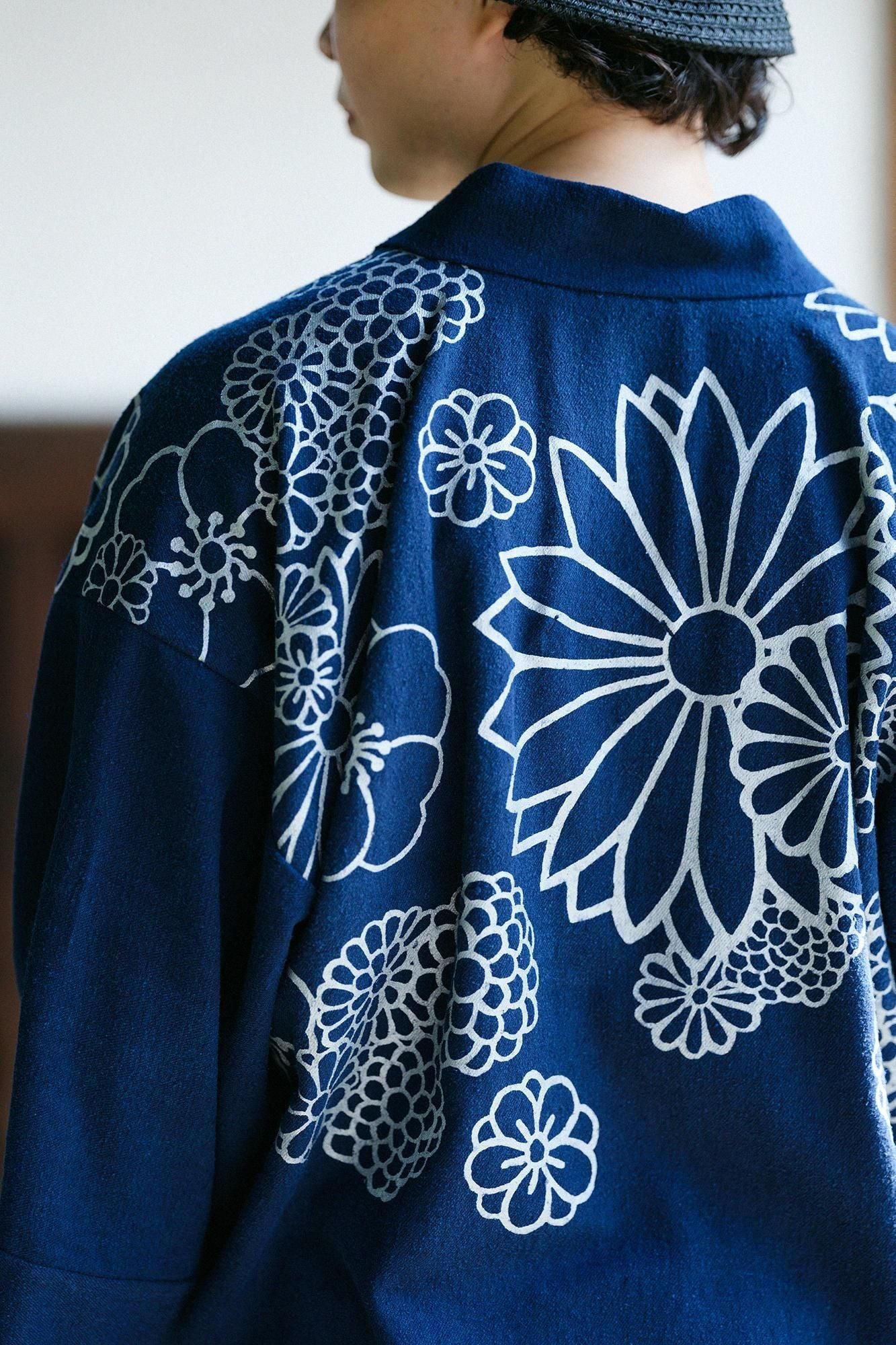 棉絲斜紋織 風靡襯衣 領口圖案／金襴緞子 靛藍染