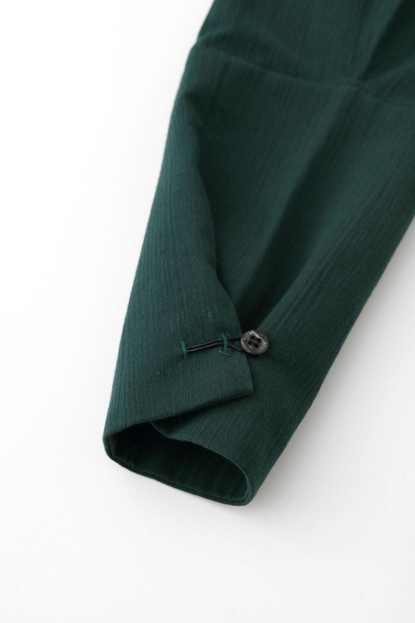 Chizimi Cotton 20/20 Band Collar Tight-sleeved Kimono Shirt / Dark Green