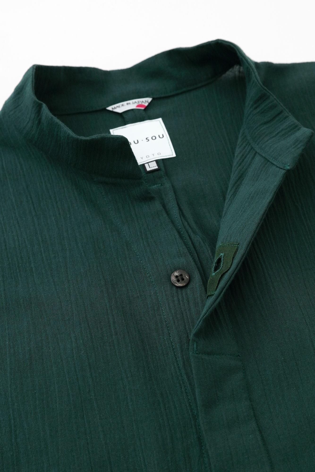 Chizimi Cotton 20/20 Band Collar Tight-sleeved Kimono Shirt / Dark Green