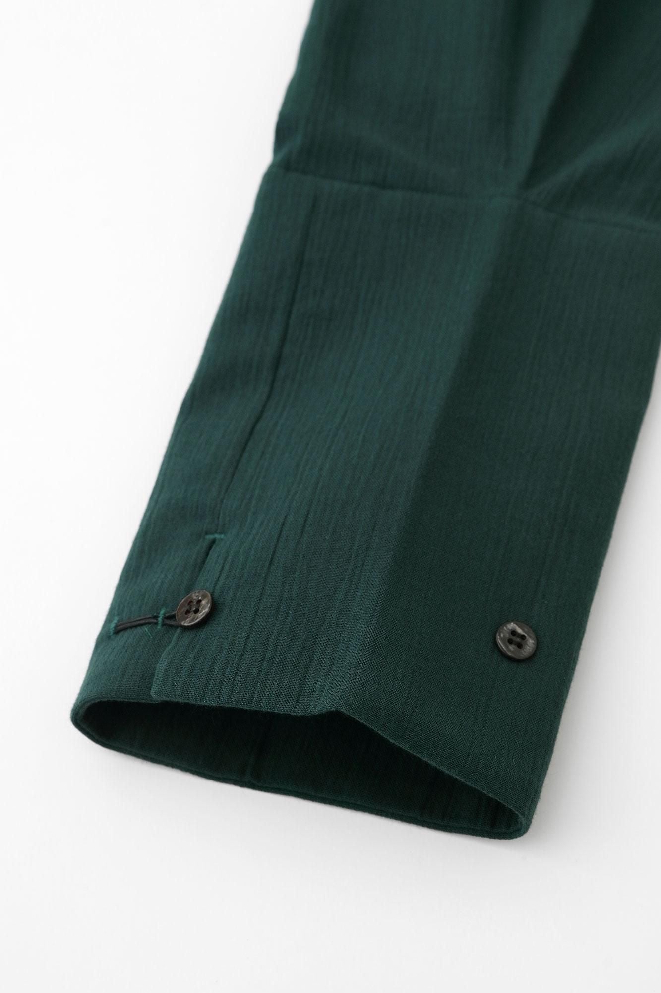 Chizimi Cotton 20/20 Band Collar Tight-sleeved Kimono Shirt / Dark Green