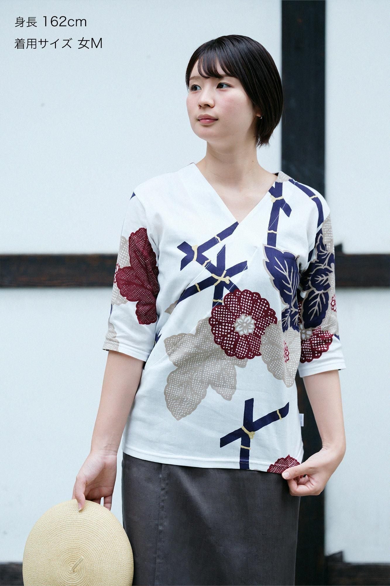 Chizimi Cotton 40/40 V-neck Shirt Elbow Length Sleeve / Fenced Chrysanthemum-Recreation