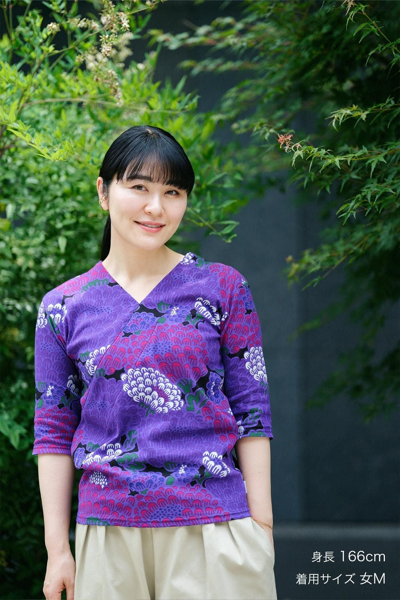 Chizimi Cotton 40/40 V-neck Shirt Elbow Length Sleeve / Kenran Purple 