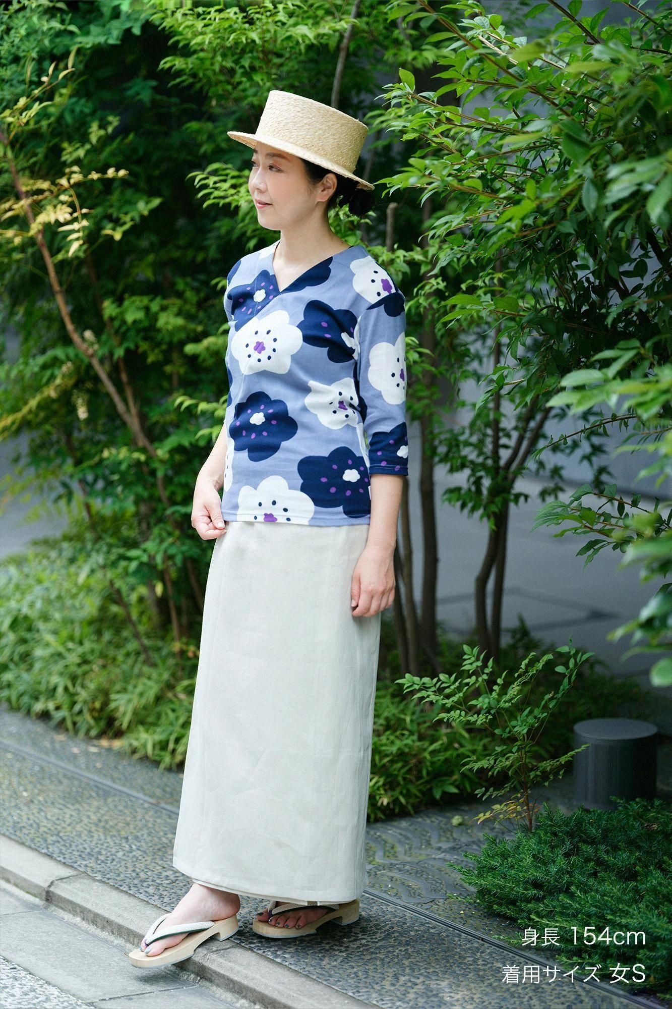 Chizimi Cotton 40/40 V-neck Shirt Elbow Length Sleeve / Smile