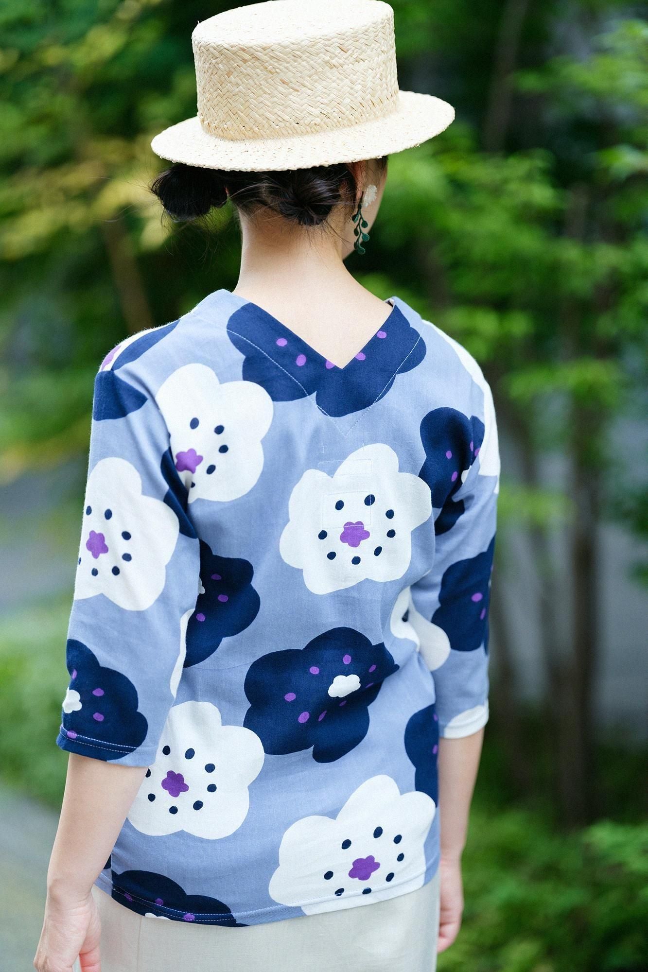 Chizimi Cotton 40/40 V-neck Shirt Elbow Length Sleeve / Smile