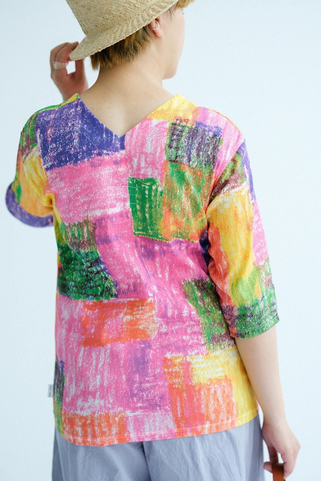 Chizimi Cotton 40/40 V-neck Shirt Elbow Length Sleeve / Flower Garden